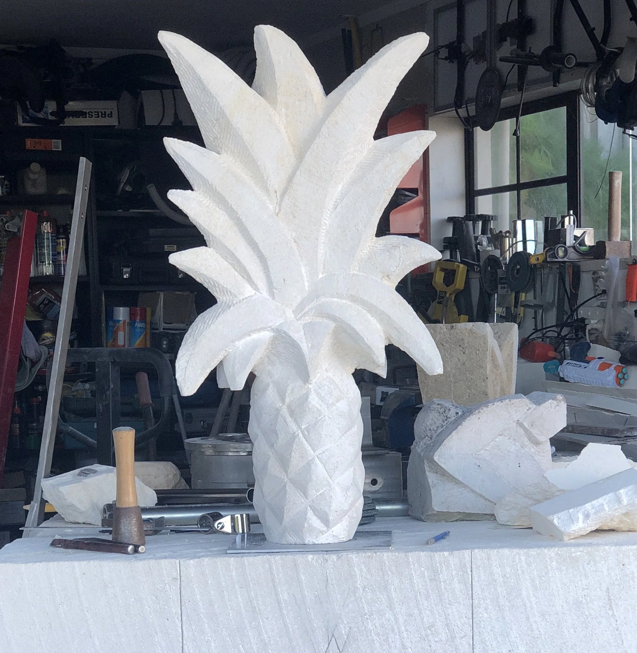 Pineapple sketch, hand carved in Oamaru Stone, unique $1200. 75cm high x 40cm wide, 20cm deep. 