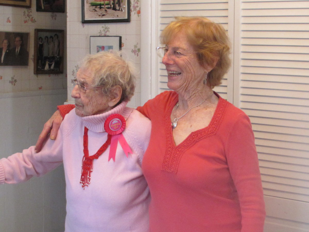 Carbondale's Niki Delson (age 76) with her mother, Pauline (age 102) in Mom's rural NY home. Thanks to NY's progressive and generous policies, Pauline hosts 2 Bridge games a week in her house and loves her life.
