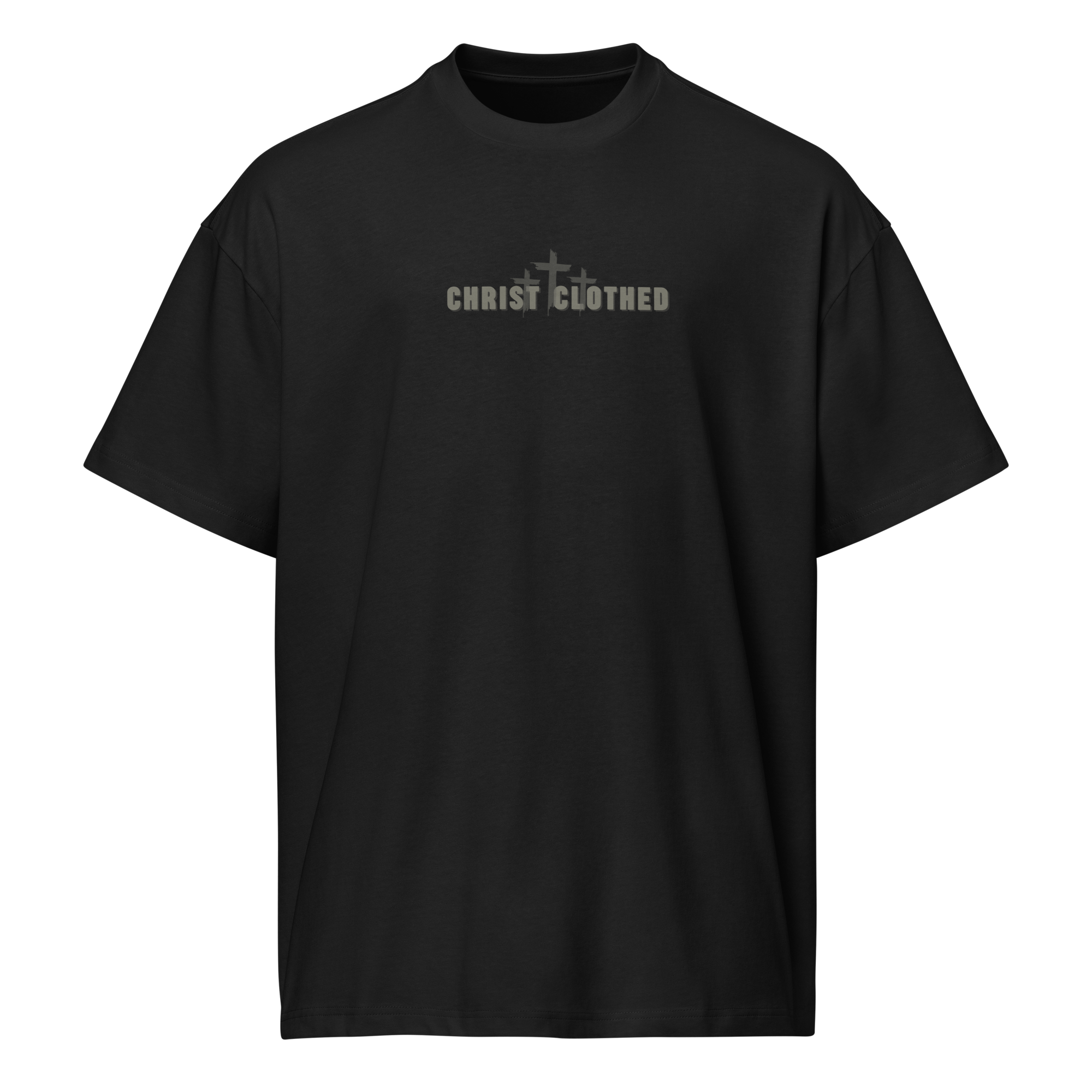 Black T-shirt with the text 'Christ Clothed' and three crosses on the front