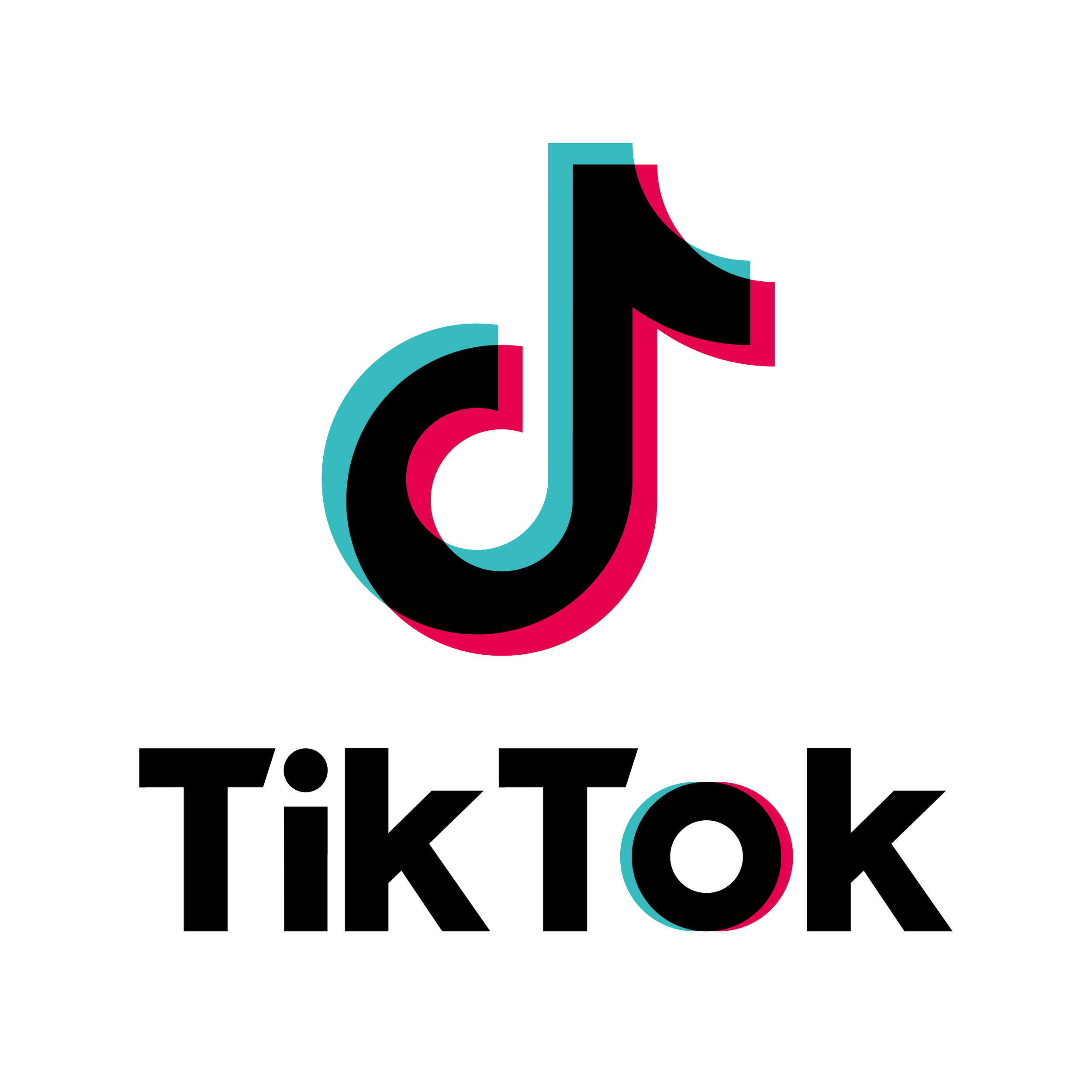 TikTok logo with stylized musical note in teal and pink above the words "TikTok" outlined in black, with the "O" featuring teal and pink accents.