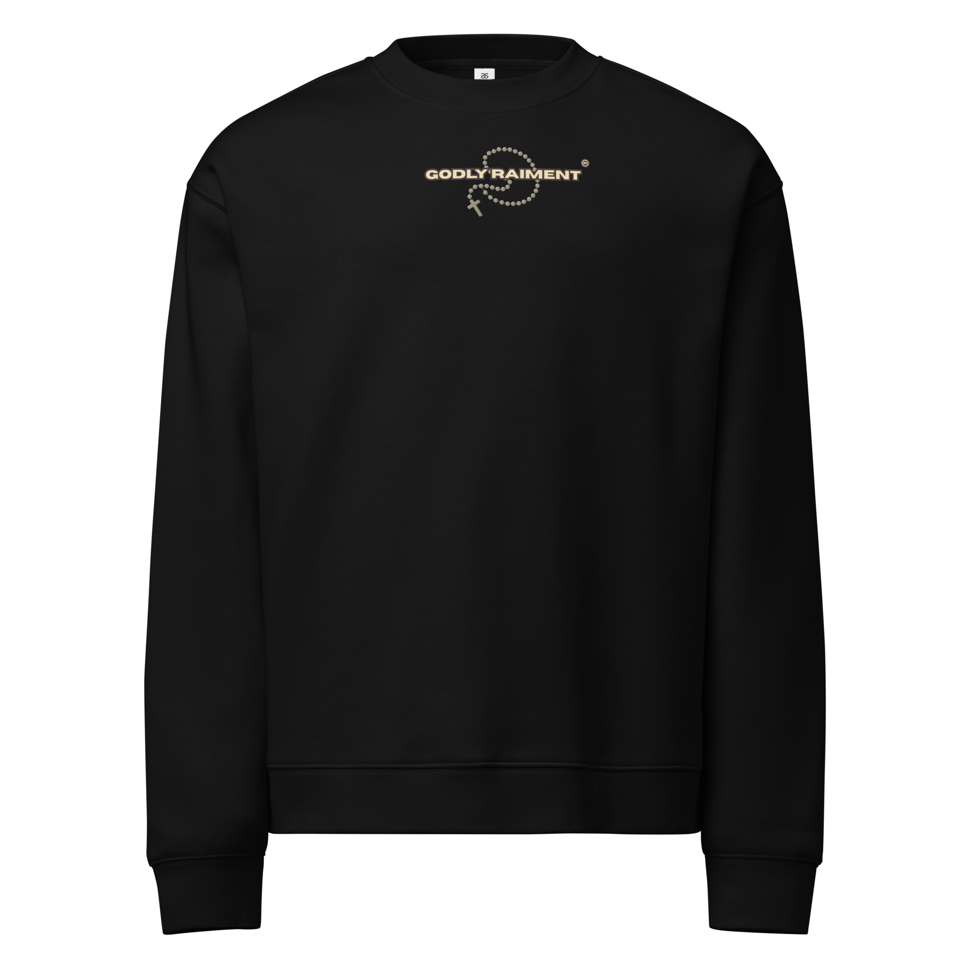 Black sweatshirt with the phrase 'GODLY RAIMENT' and a rosary design printed on the chest.