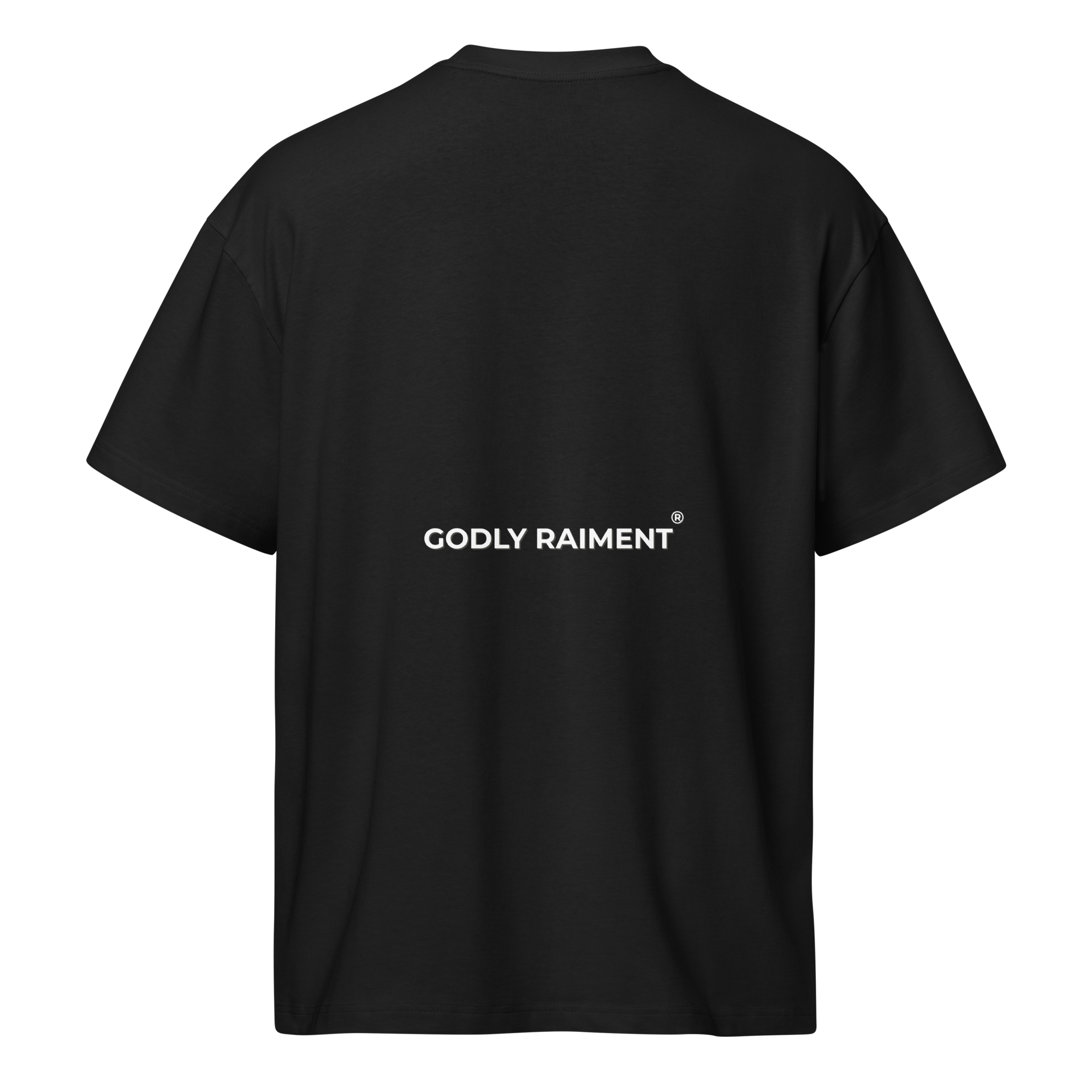 Black T-shirt with white text that reads 'GODLY RAIMENT' on the front.