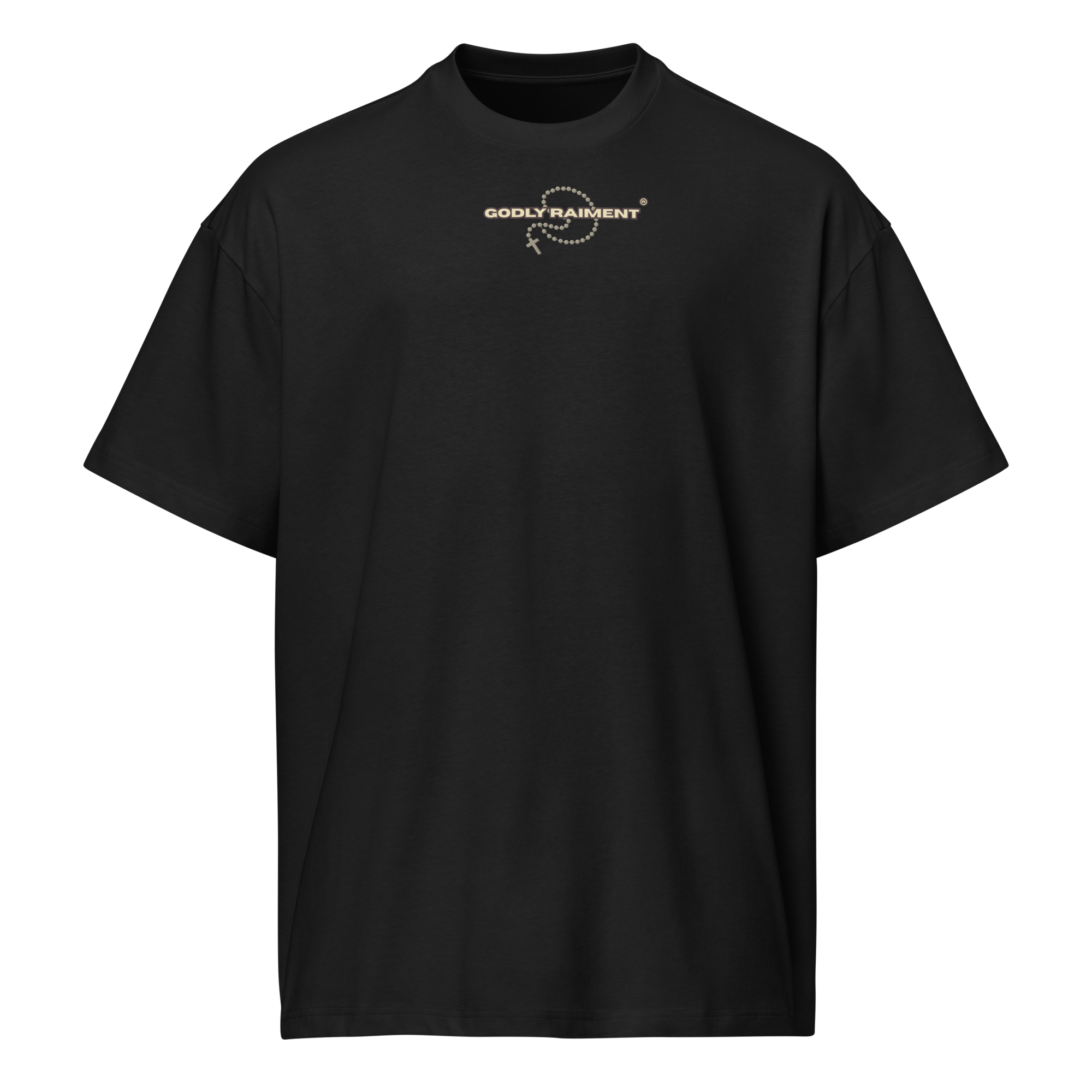 Black T-shirt with silver text and design that says 'GODLY RAIMENT' with a feminist symbol made of small dots.