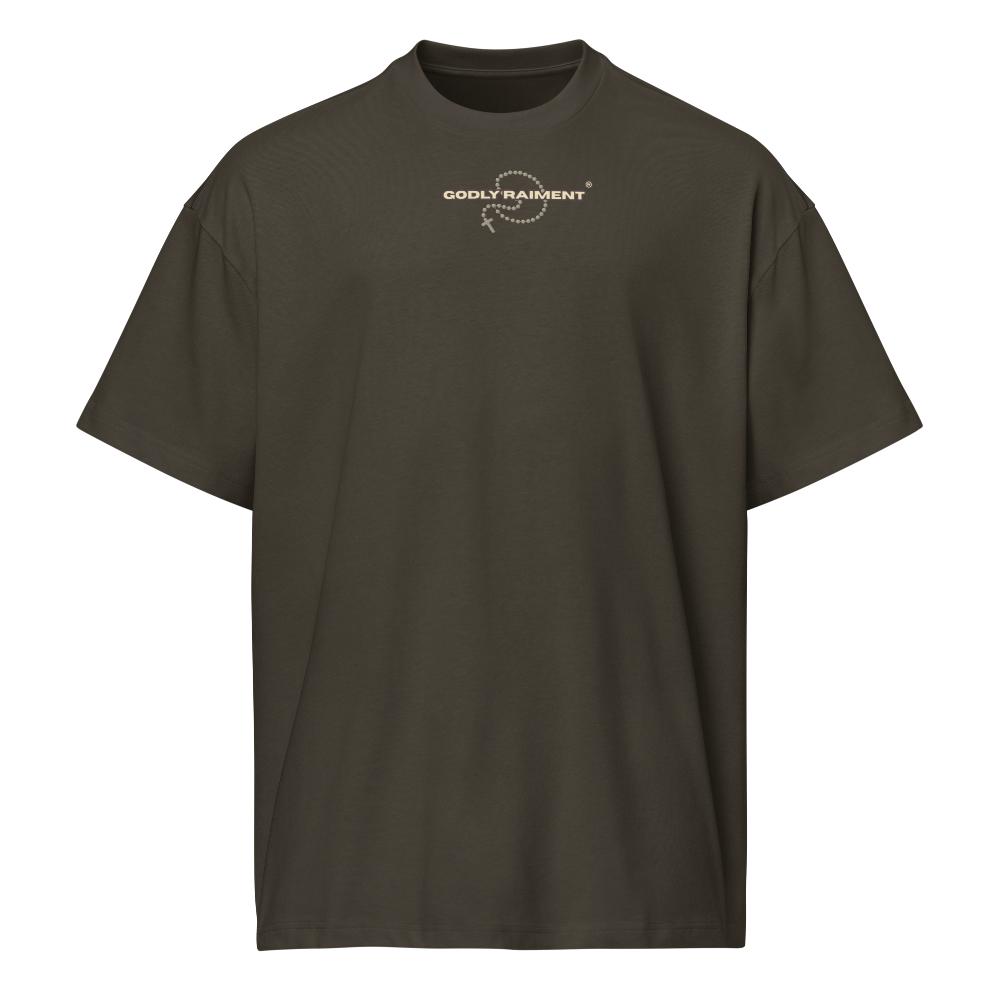 Gray T-shirt with a logo that says 'GODLY RAIMENT' and a design of a dotted circle and a small cross on the chest.