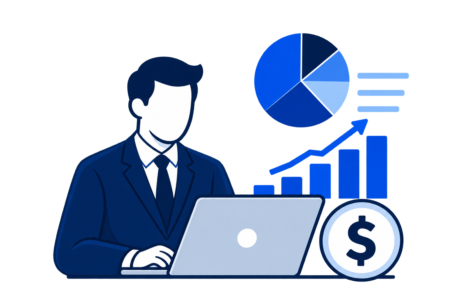 Illustration of a person in a suit working on a laptop, with financial charts, a dollar sign, and a pie chart in the background.
