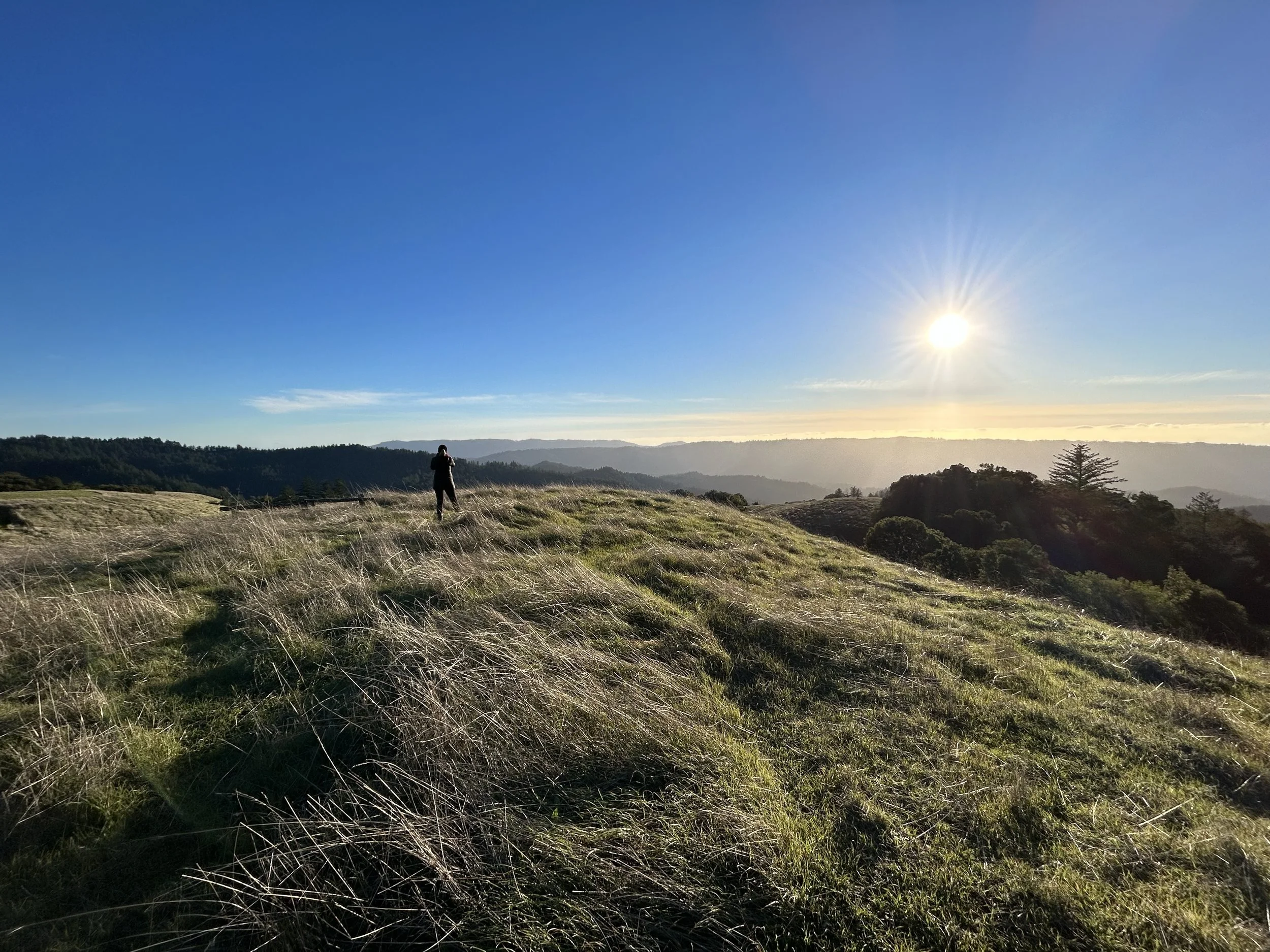 A photo of the ridge at Jikoji, taken atop the Santa Cruz mountains. The endless blue sky, lit by a brilliant sun, stretches above miles of rolling hills, covered in forests. In the near distance, there is a figure standing and looking out at the vas
