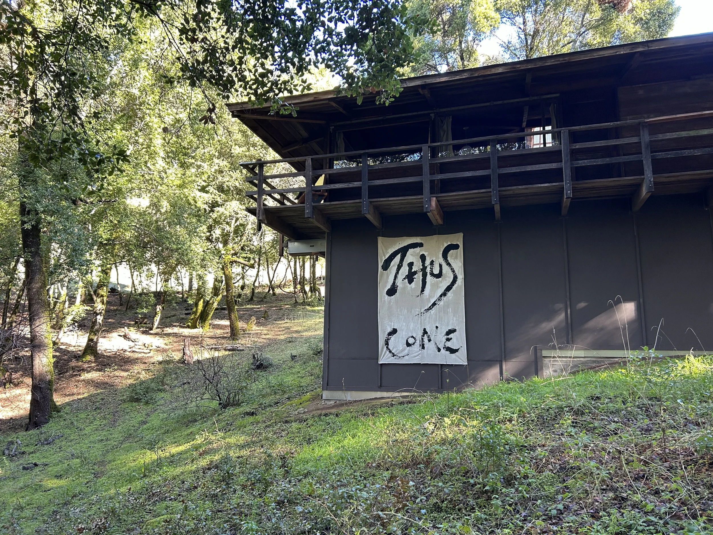 A photo outside of Jikoji's Zendo, a large rectangular building in dark wood surrounded by lush green forest. There is a large sign in black ink with calligraphy in English that reads "Thus Come"