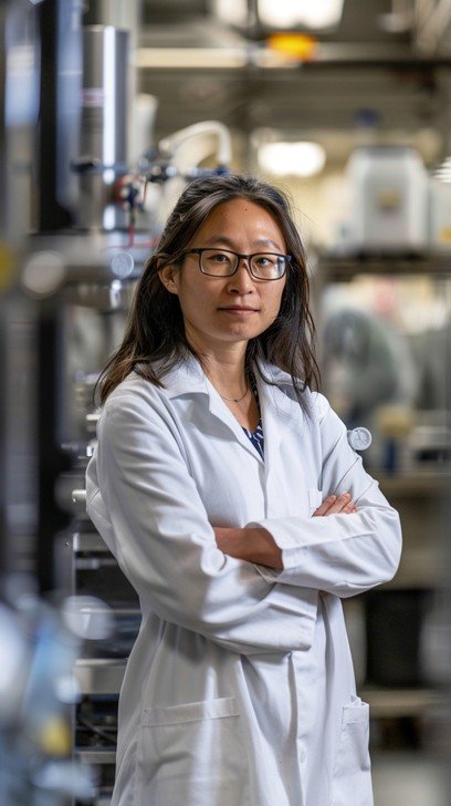 A scientist in a laboratory wearing a white lab coat and glasses, standing with arms crossed.