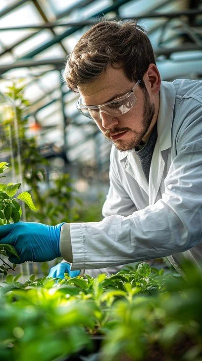 A young male scientist wearing safety goggles and gloves examining plants in a greenhouse.