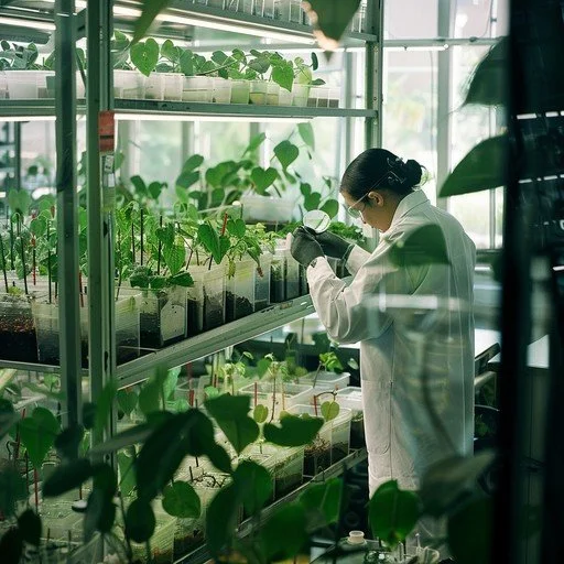 A scientist in a lab coat and gloves examining plants growing in a greenhouse, with shelves of potted plants and lush greenery around.