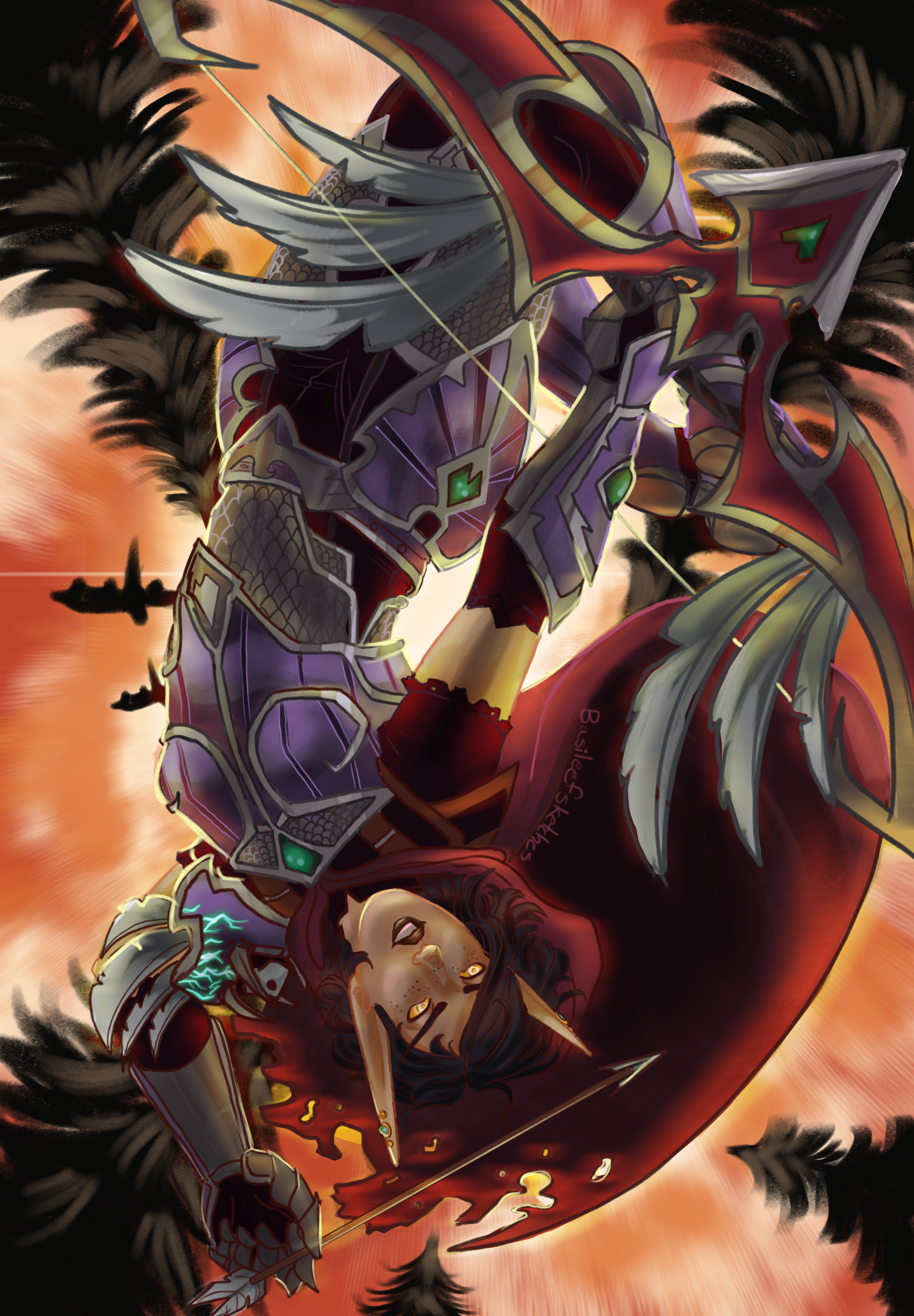 Digital illustration depicting an elven woman in armor with a bow.