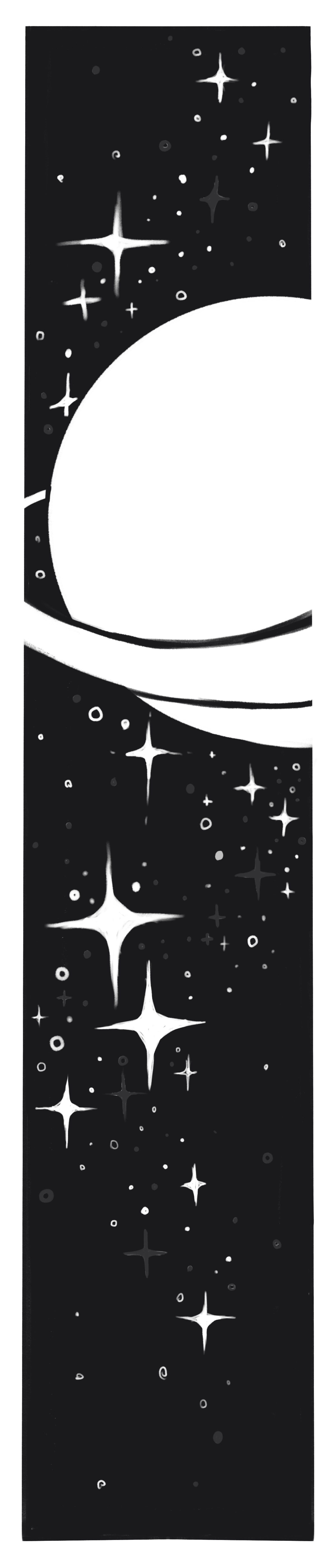 Bookmark depicting a ringed planet amongst the stars.