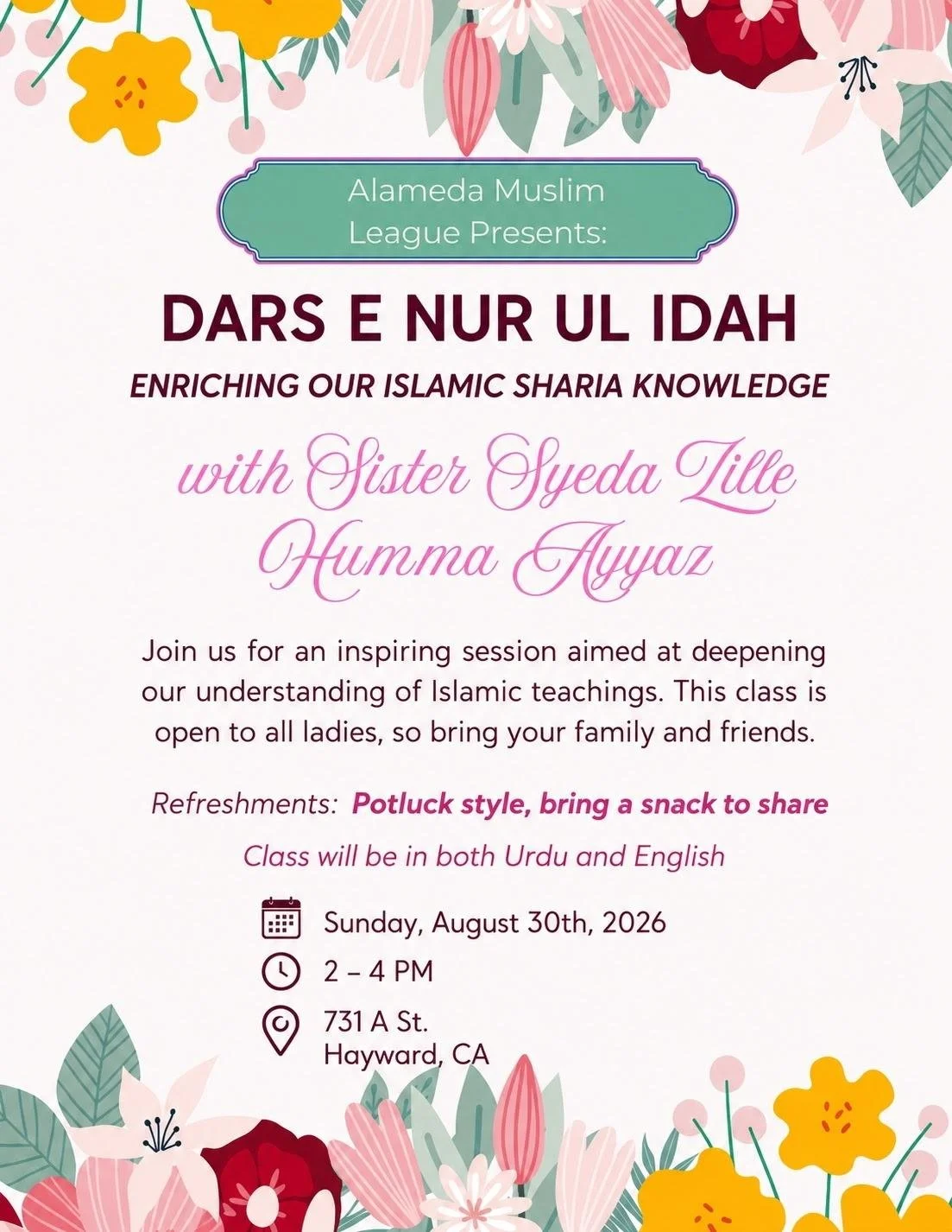 Dars e Nur ul Idah class flyer for August 30, 2026, 2–4 PM at Alameda Muslim League.