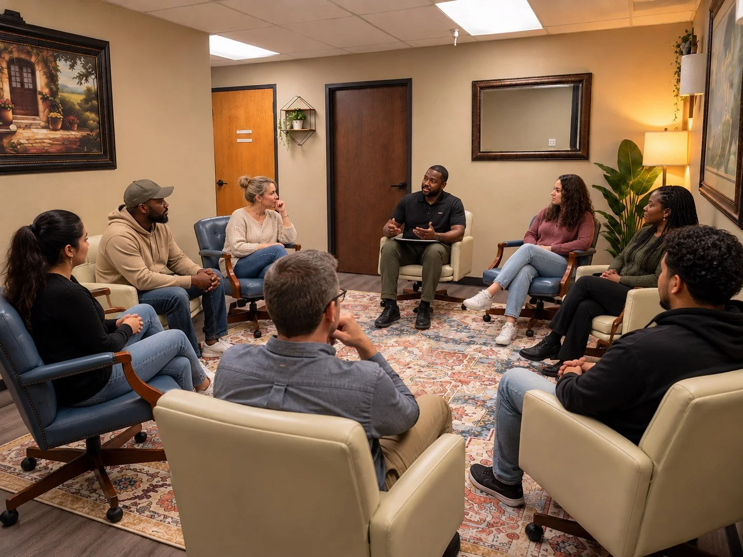 Illustrative image: a counselor leads a group counseling session in a comfortable meeting room