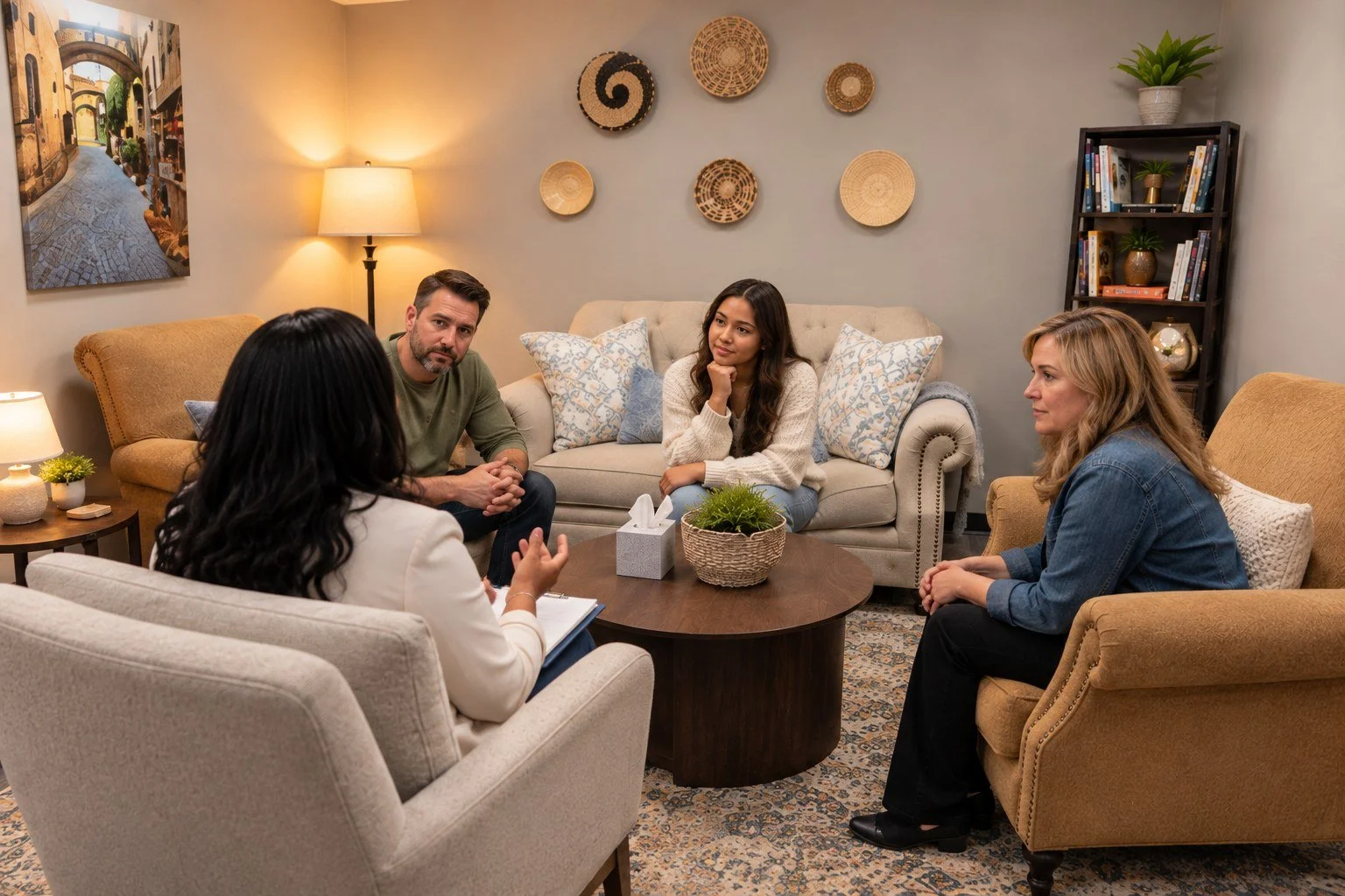 Illustrative image: a counselor meets with a family in a warm, comfortable counseling room