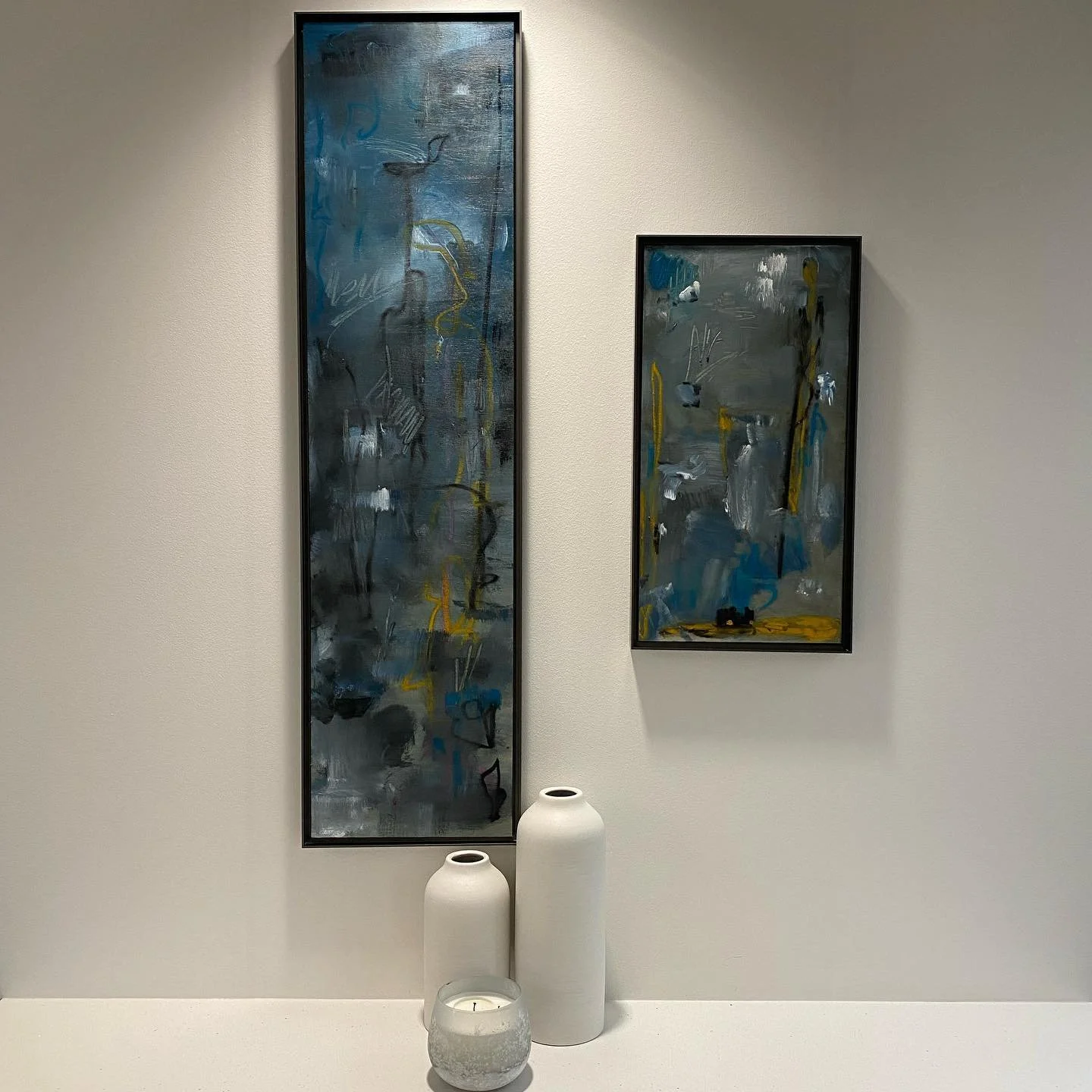 Continued corporate series. 

I created 5 pieces for this finance office in a series called &ldquo;Atmosphere&rdquo; and couldn&rsquo;t be more pleased with the outcome. 

Atmosphere #3 and #4
48 x 12.5 in. 
23.5 x 12.5 in. 
Mixed media on panel
Corp