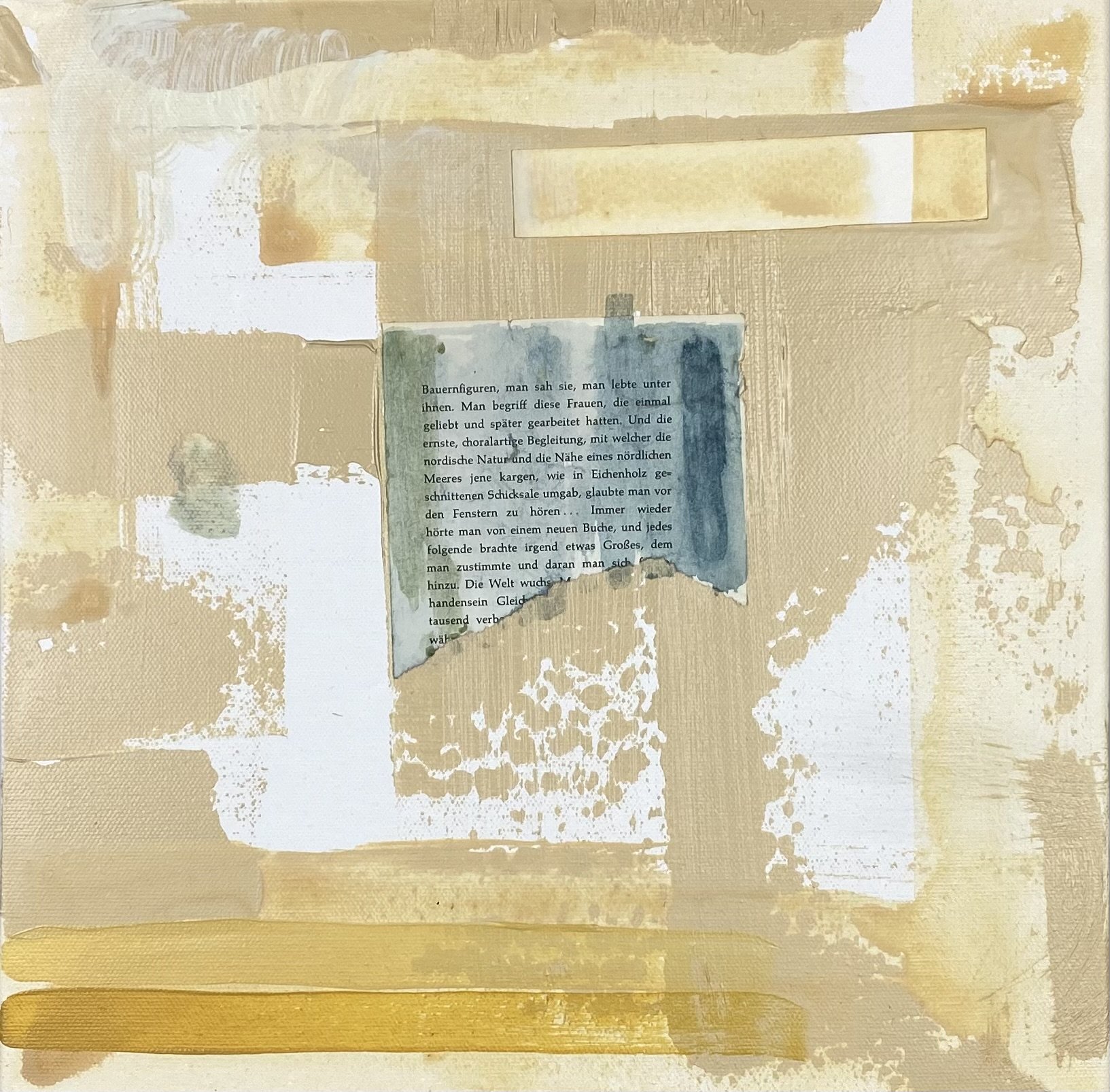 "Gold with Blue Page" - 12x12 in - Mixed Media artwork on Canvas, 2025