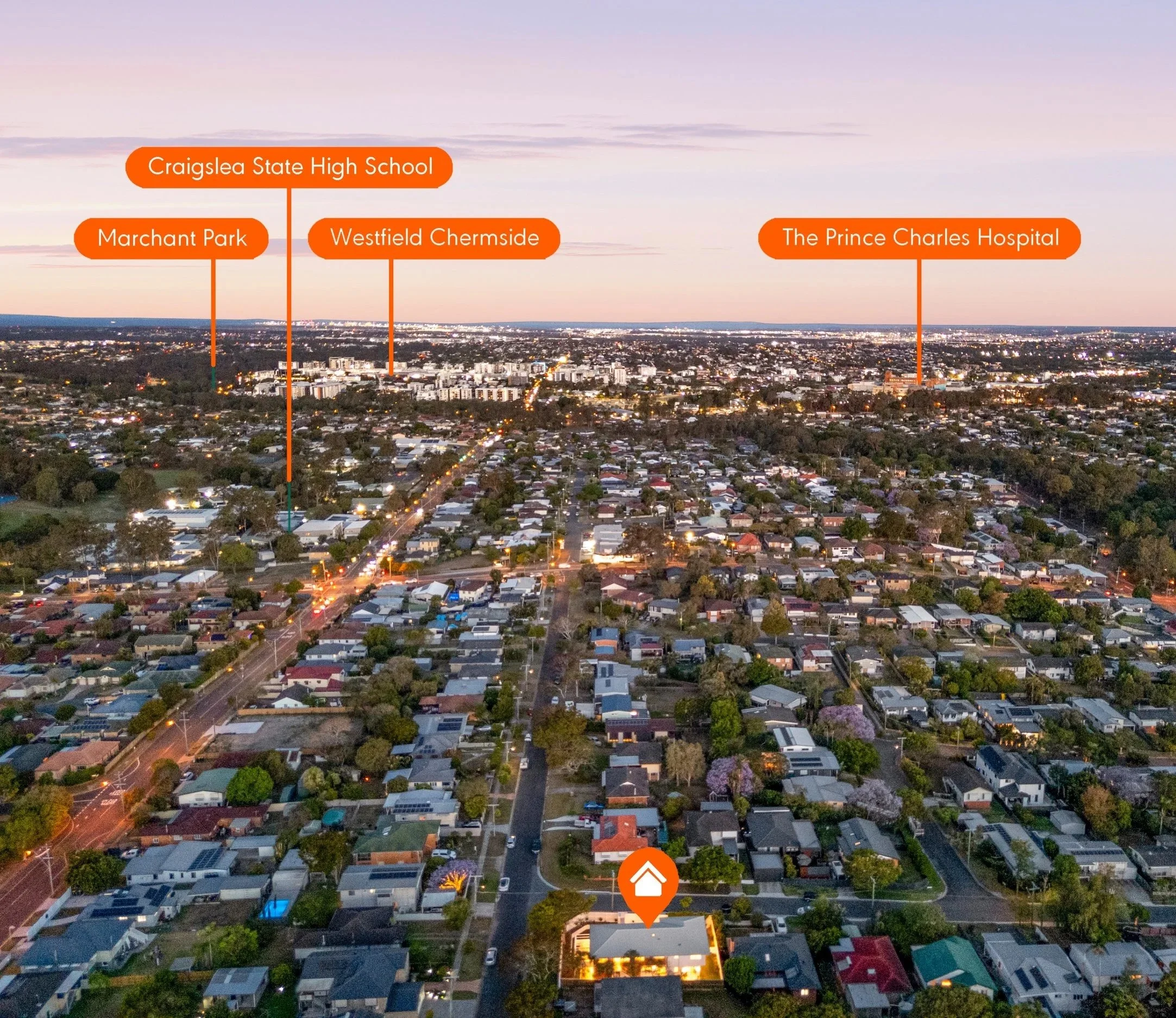 An aerial view of a suburban neighborhood during dusk with labels indicating the location of Craiglesea State High School, Marchant Park, Westfield Chermside, The Prince Charles Hospital, and a highlighted house at the bottom center of the image.