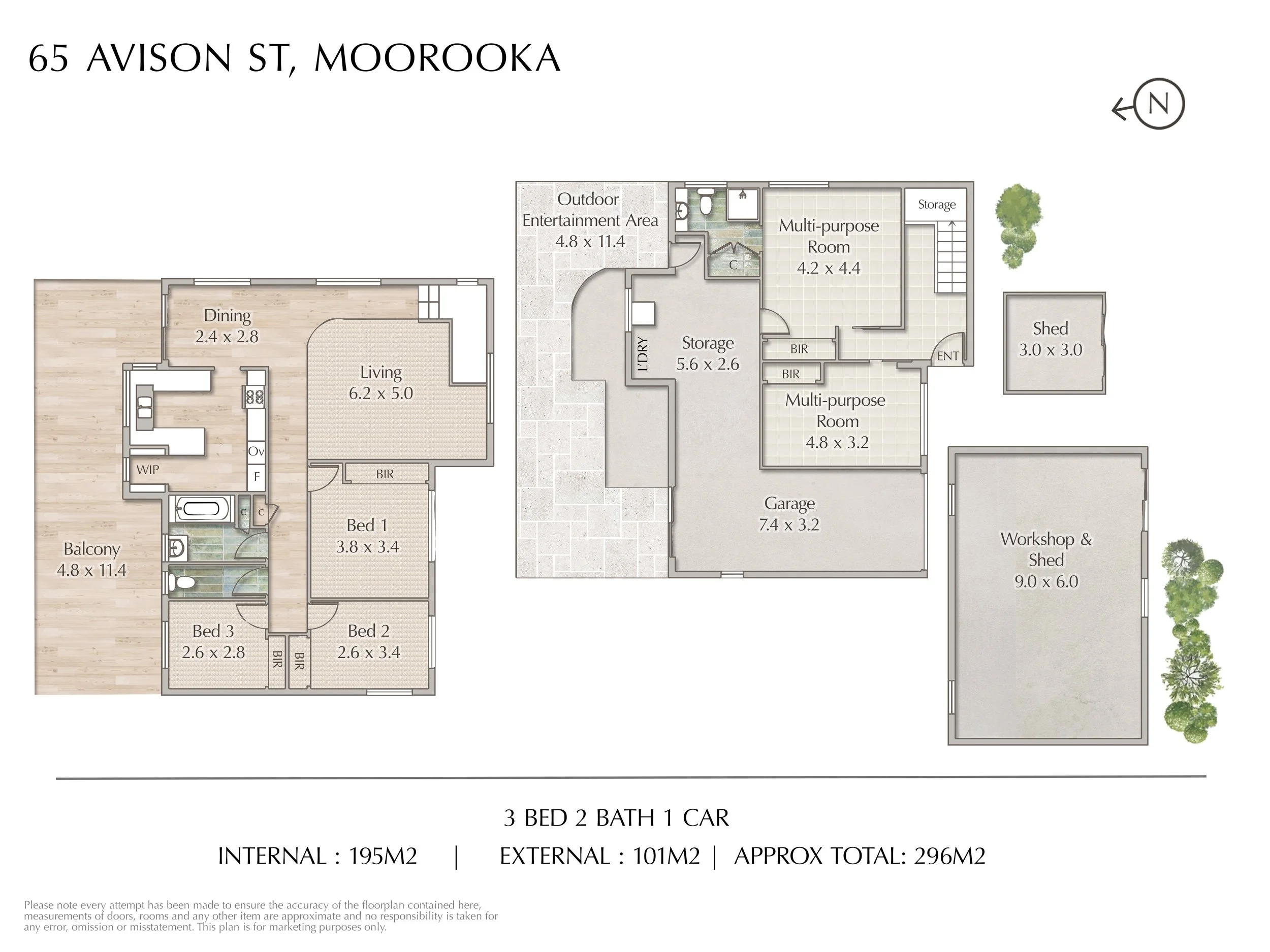 Floor plan of a house located Brisbane detailing internal and external spaces including bedrooms, bathrooms, living areas, kitchen, balcony, outdoor entertainment area, multi-purpose rooms, storage, garage, shed, and workshop.