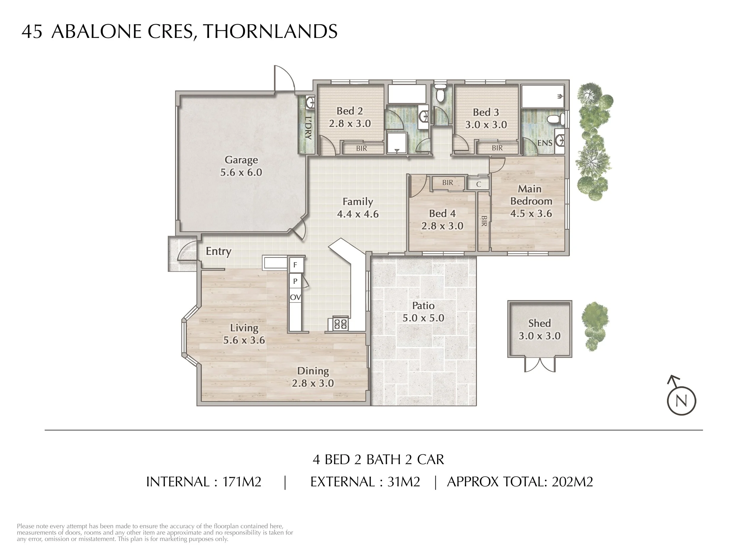Floor plan of a house with labeled rooms, including a garage, entry, living room, dining area, kitchen, family room, four bedrooms, two bathrooms, laundry room, patio, shed, and car space.