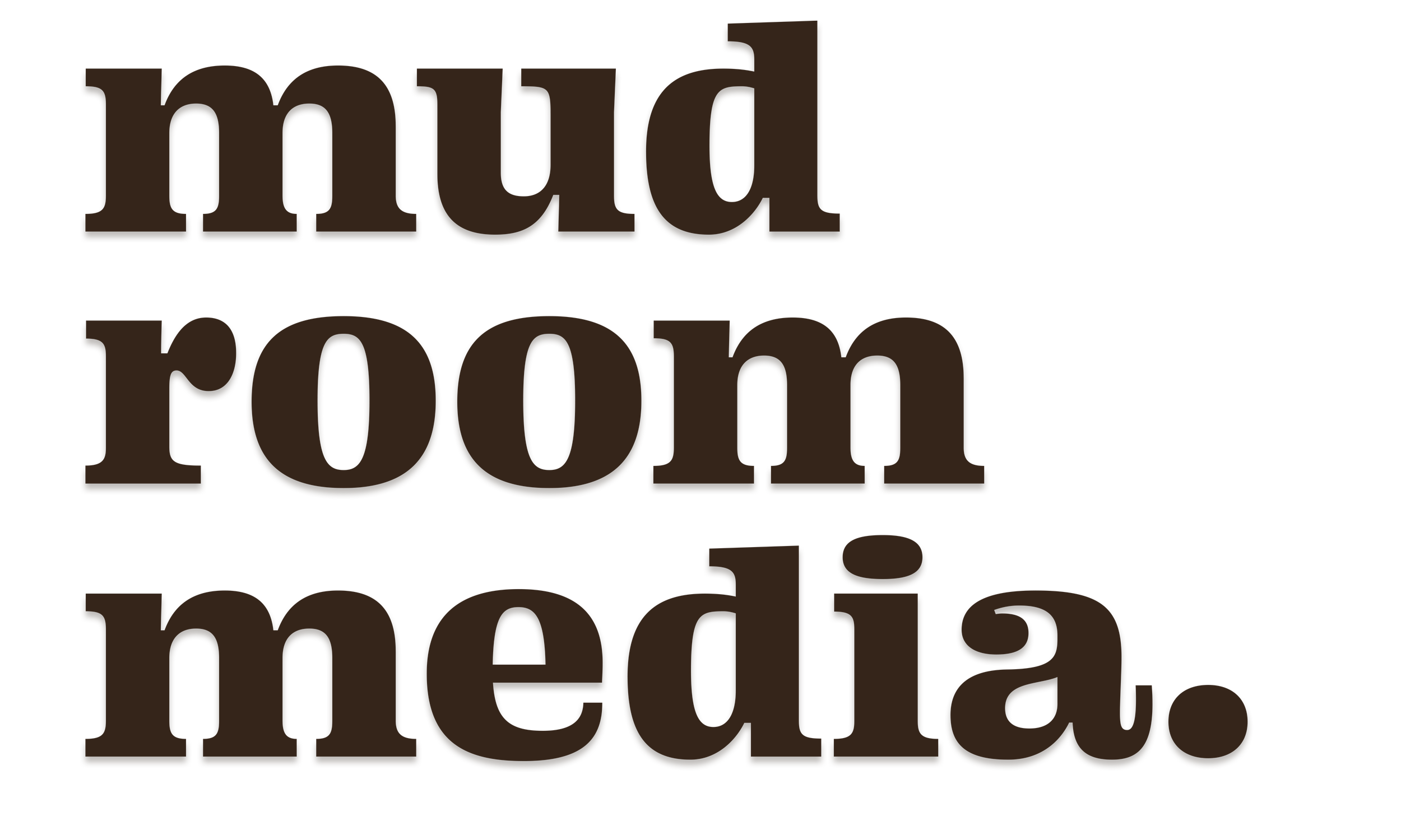 Text on transparent background reading 'mud room media' logo in large, brown, lowercase font