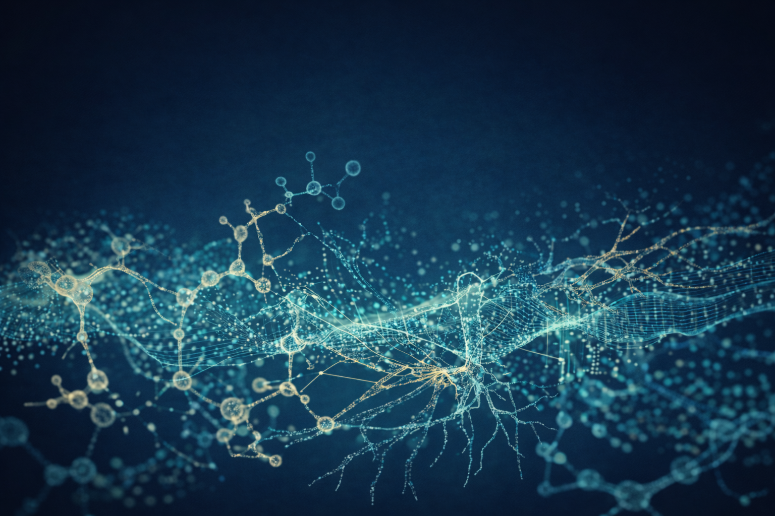 Digital illustration of interconnected nodes and lines resembling a neural network or molecular structures, in shades of blue and white, on a dark background.