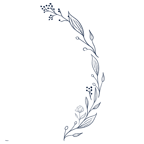 Delicate dark blue botanical branch forming a curved wreath on a black background