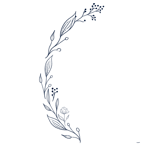 Delicate dark blue botanical floral half-wreath with leaves, buds, and berries on a black background