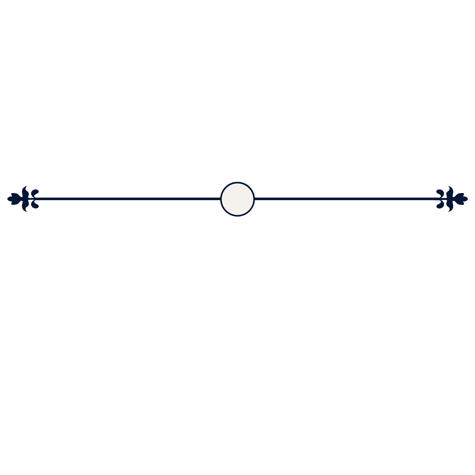 Decorative navy horizontal line with floral flourishes at both ends and a centered white circle on a black background