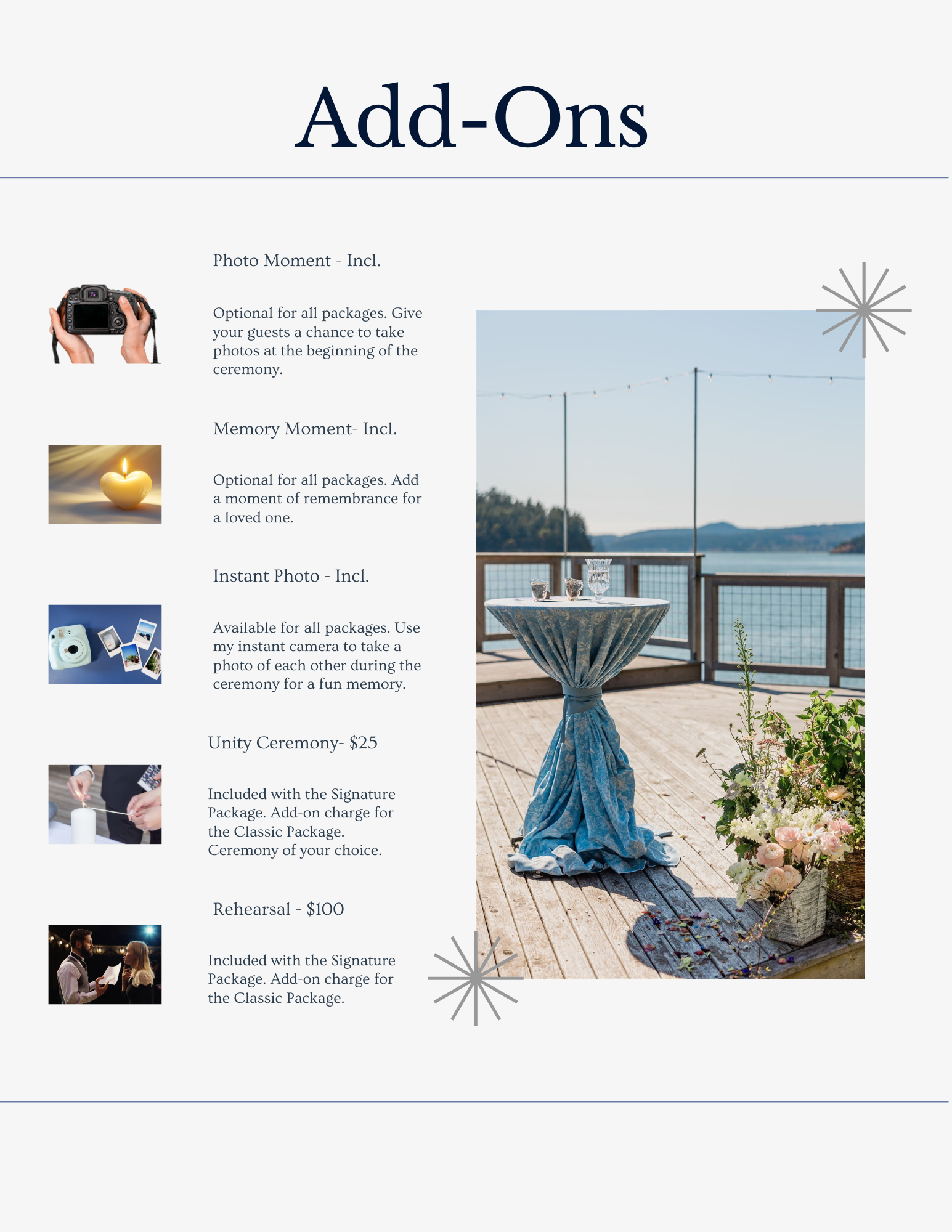 A webpage titled 'Add-Ons' listing optional services with images, including photo moment, memory moment, instant photo, rehearsal, and signature package, alongside a photo of a table on a deck overlooking a lake with string lights, a floral arrangement, and a draped cloth attire.