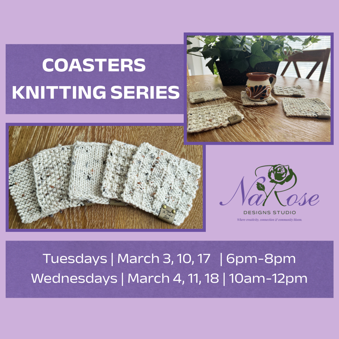 Learn the essentials of knitting in this cozy, beginner-friendly 3-week series.  We will explore how to cast on, knit, purl, and combine stitch and complete a set of coasters. Each session builds on the last, helping you grow at a comfortable pace wi