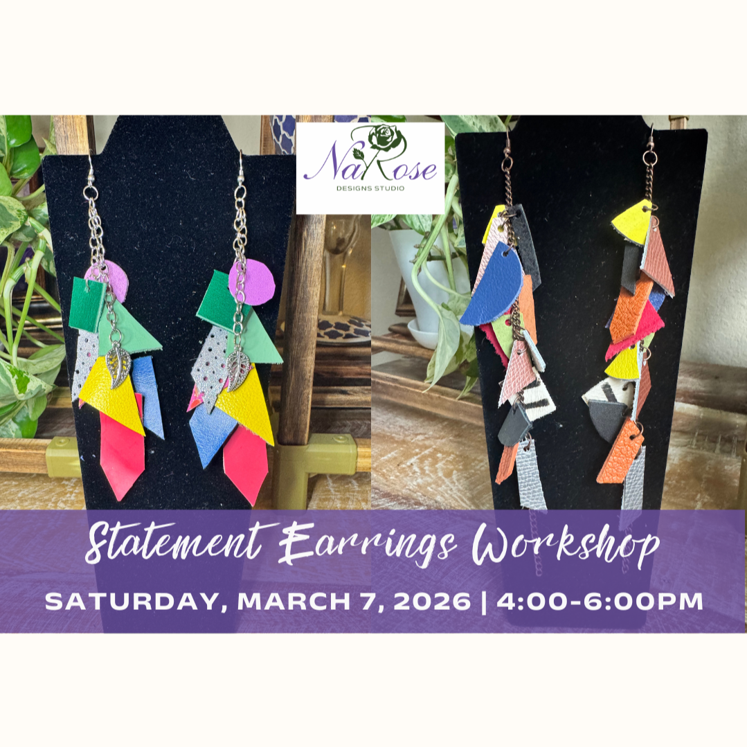 Join us for a hands-on, beginner-friendly jewelry workshop where you’ll design and create your own bold statement earrings from start to finish.

Choose your colors. Cut your shapes. Layer textures. Add a charm if you’d like. There’s no template and 