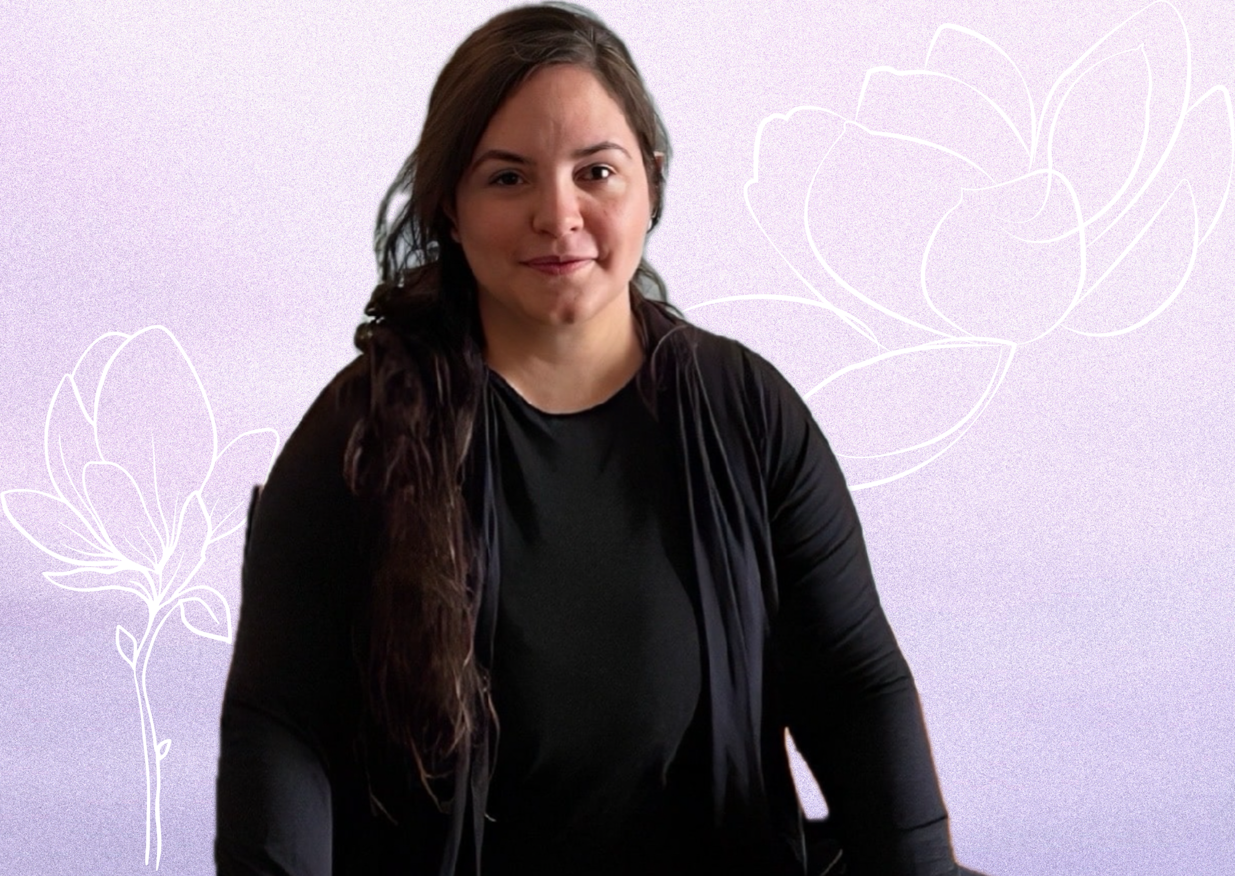 A woman with long dark hair wearing a black top and jacket, standing against a light purple background with white outline floral patterns.
