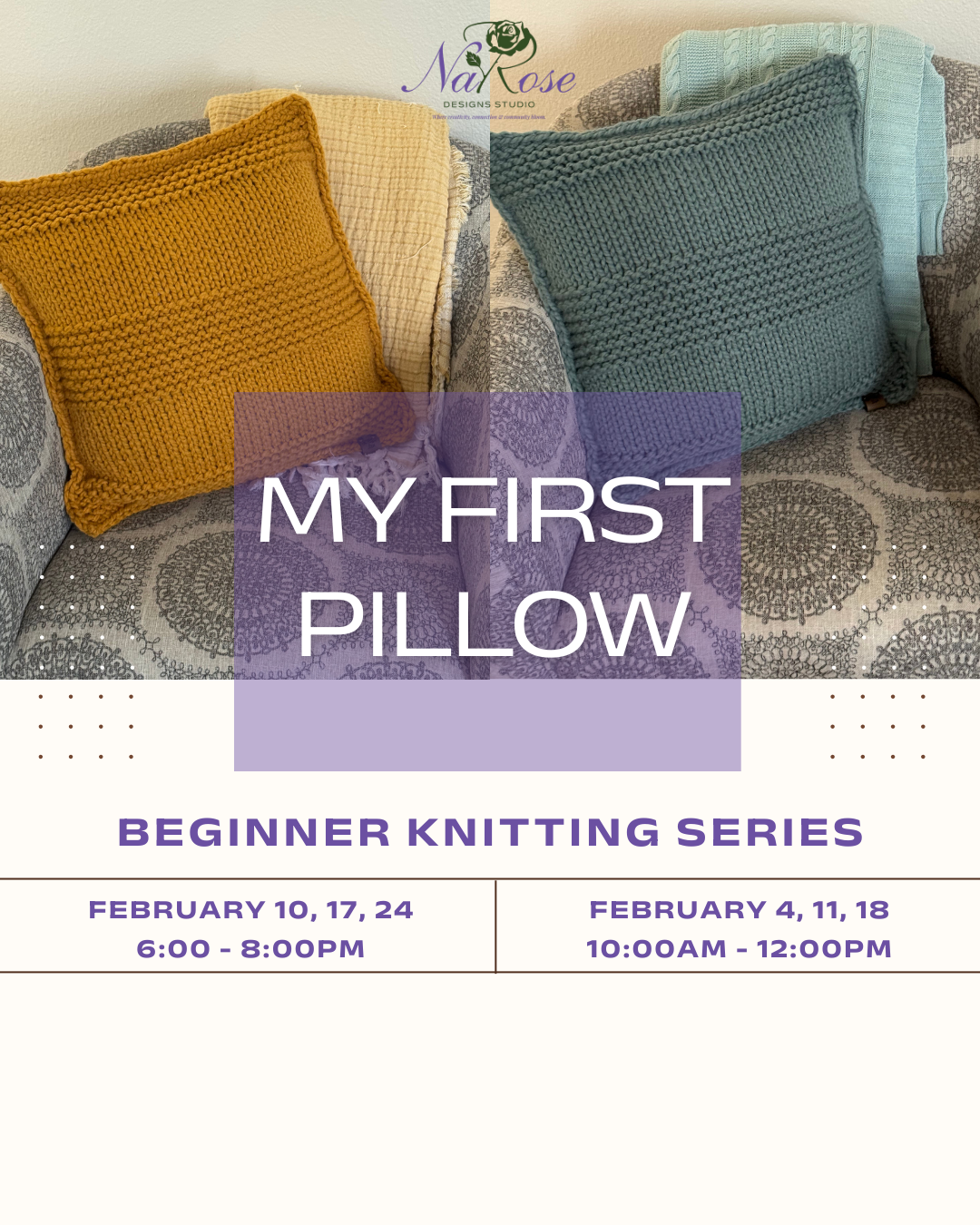 My First Pillow: Beginner Knitting Series

Learn the basics of knitting in this beginner-friendly, three-week series designed to guide you from your first stitch to a finished, cozy pillow. This class is perfect for beginners or anyone looking for a 