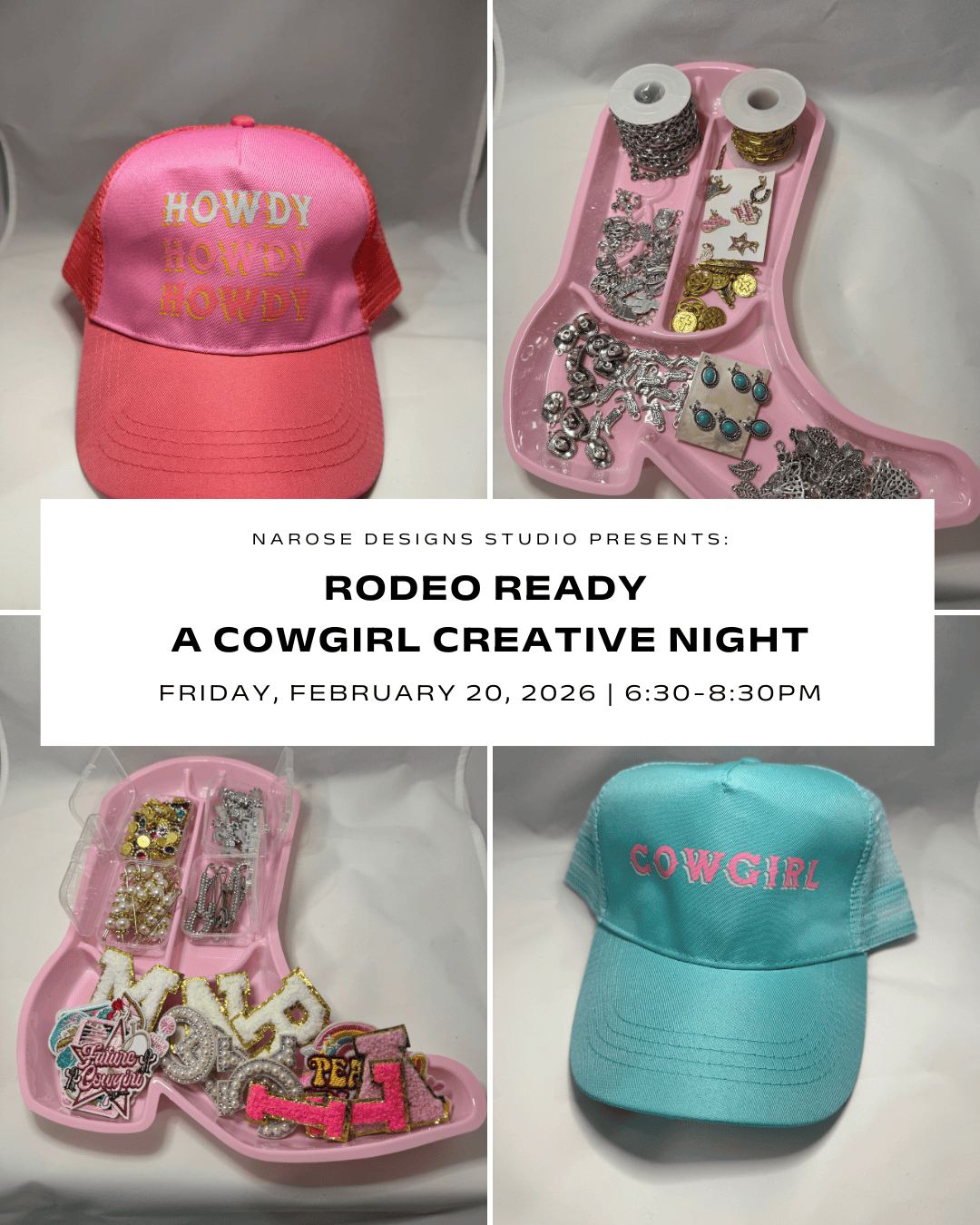 Get rodeo ready at this creative night designed for fun, connection, and personal style. This is a relaxed, hands-on workshop where you’ll create your rodeo look your way.

At registration, choose one option:

Cowgirl / Howdy Hat Glow-Up – customize 