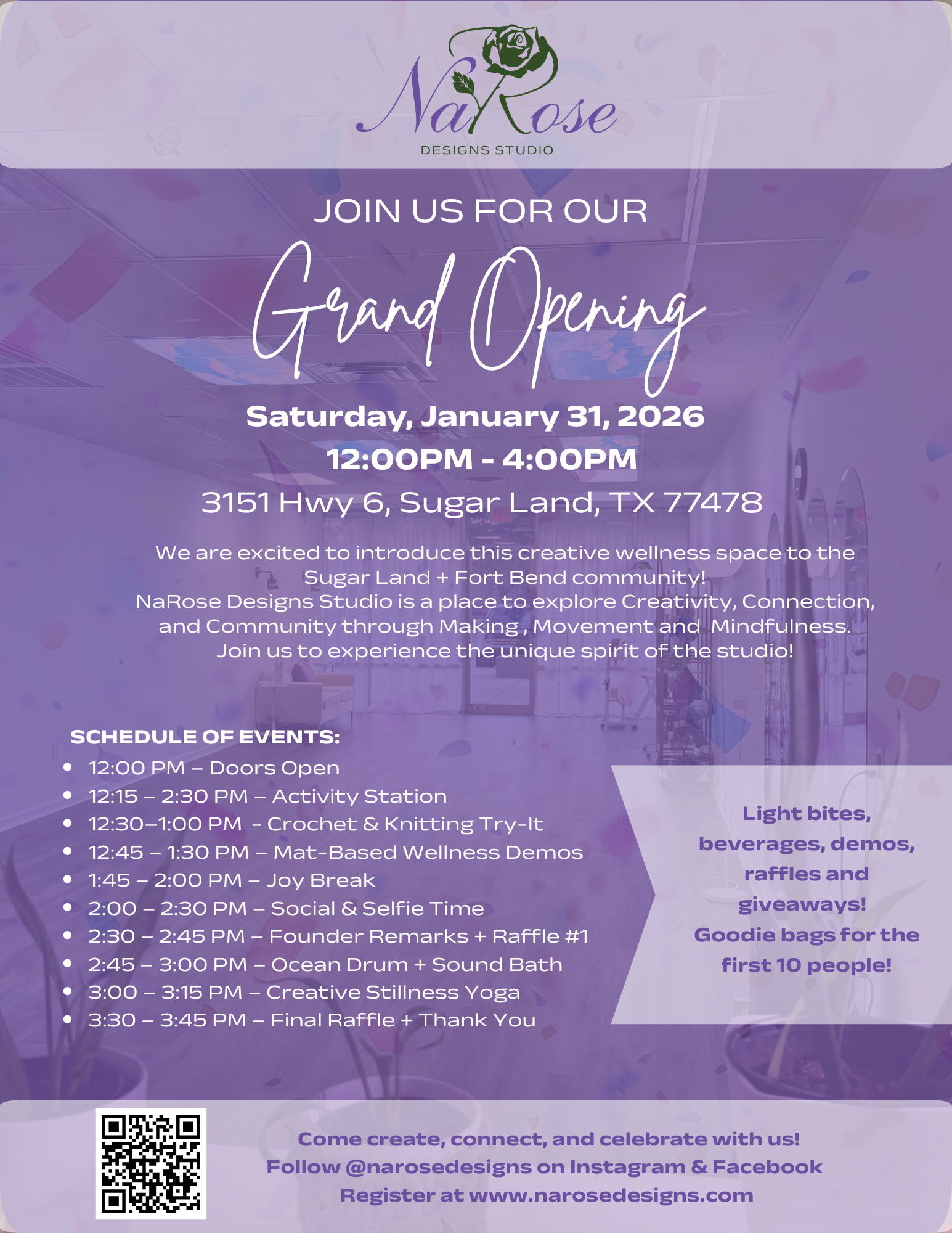 You’re invited to the grand opening of NaRose Designs Studio!

Drop in anytime between 12–4 PM for:
• Word stone or wood slice decorating
• Bracelet bar with alphabet beads
• Crochet + knitting demos
• Mindfulness & sound sessions
• A surprise group 
