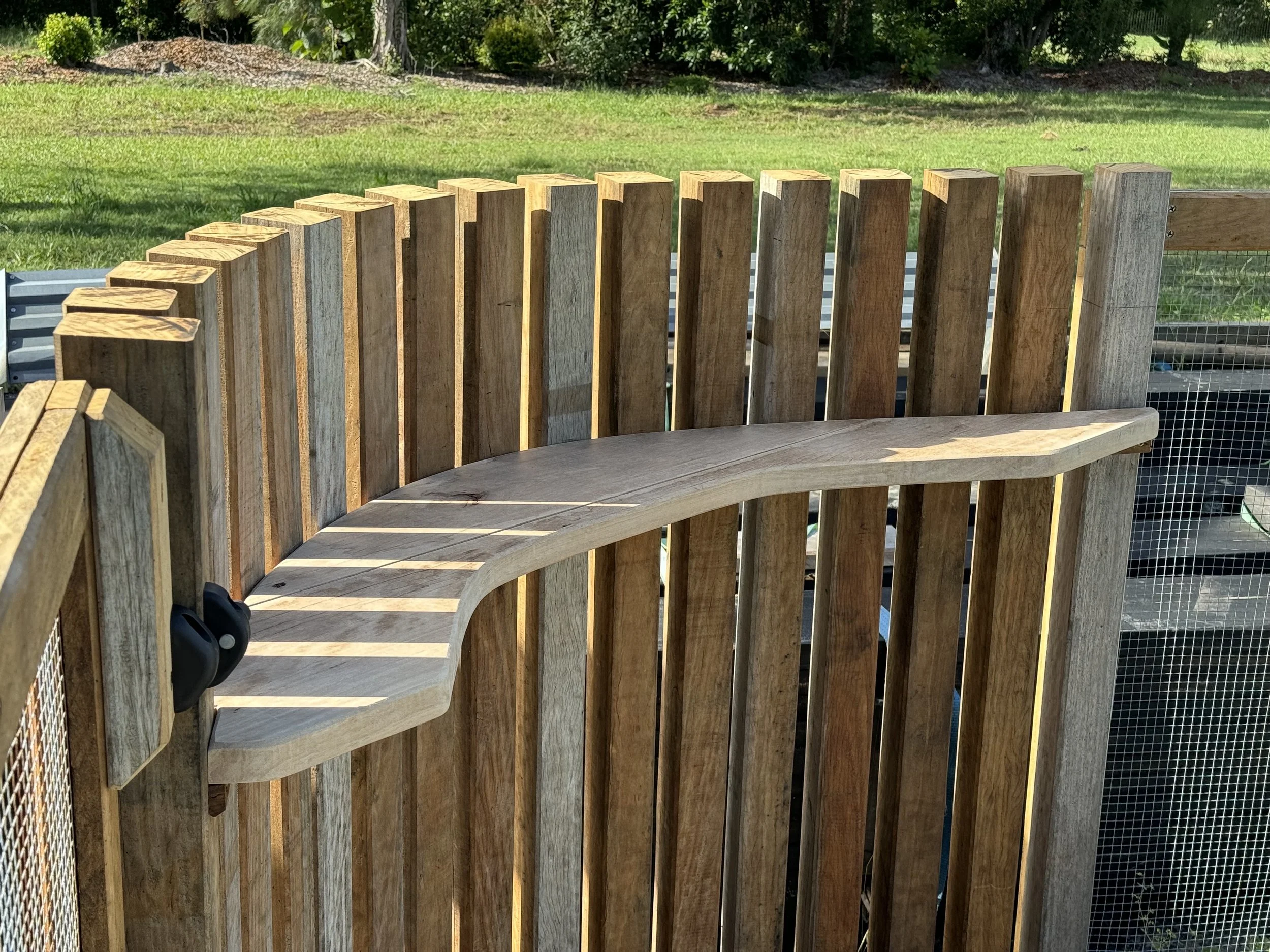 A curved wooden bench in front of a wooden fence with green grass and bushes in the background.