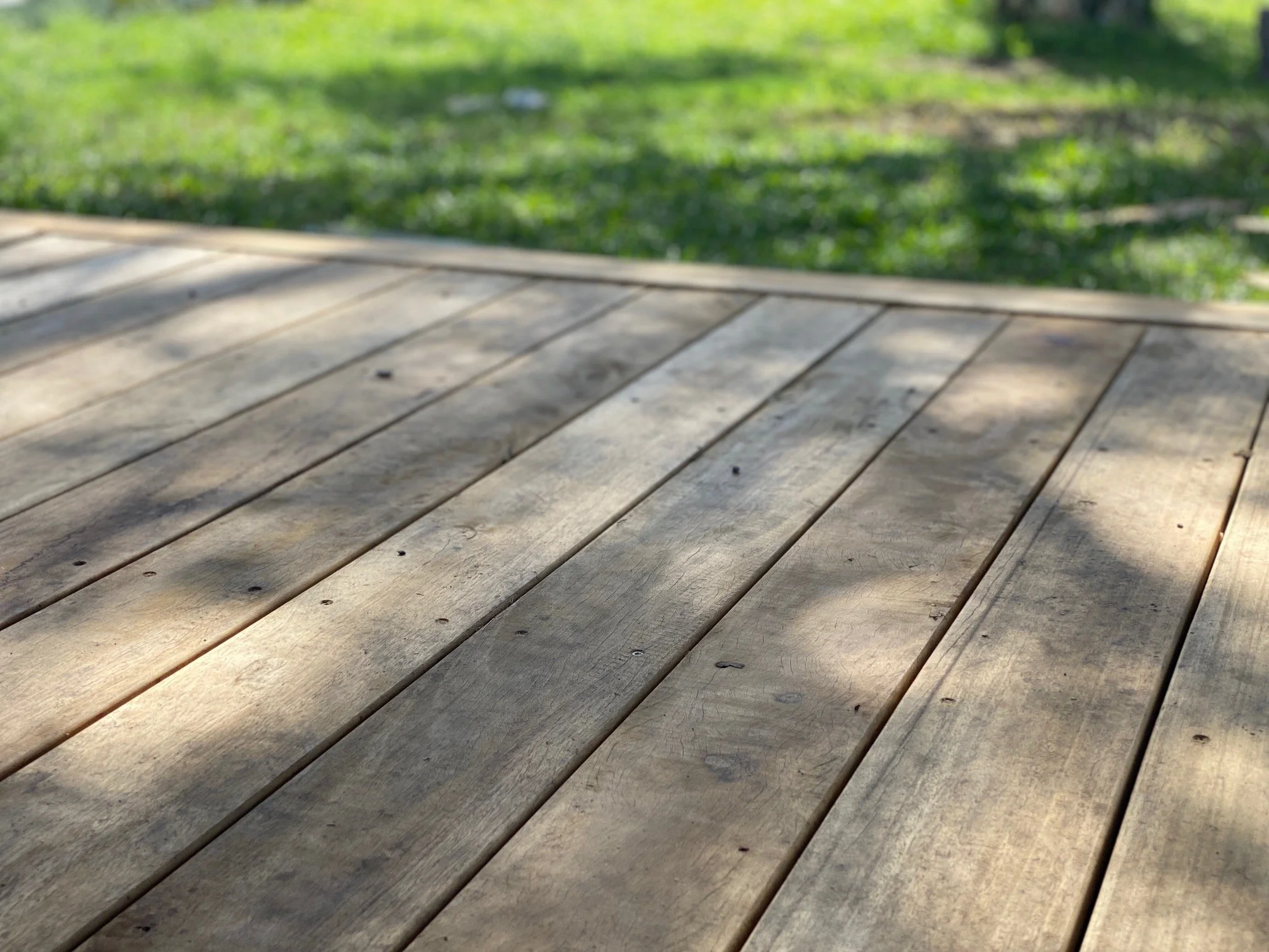 Close-up of weathered wooden deck boards with gaps between them, with a blurred green grassy area in the background.