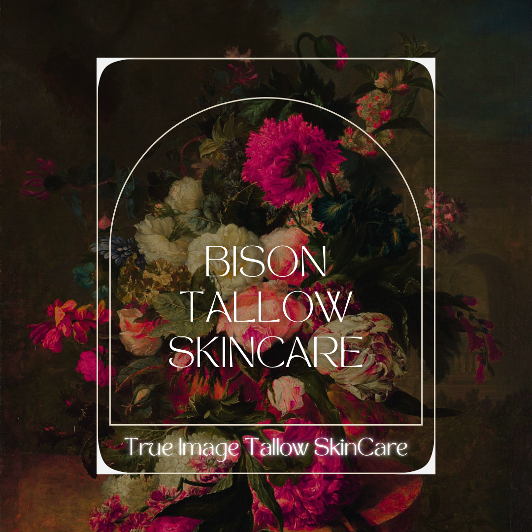 A dark background with a floral arrangement of pink, white, and purple flowers and green leaves. White text overlays the image, reading: 'Bison Tallow Skincare' and 'True Image Tallow SkinCare' in a minimalist design.
