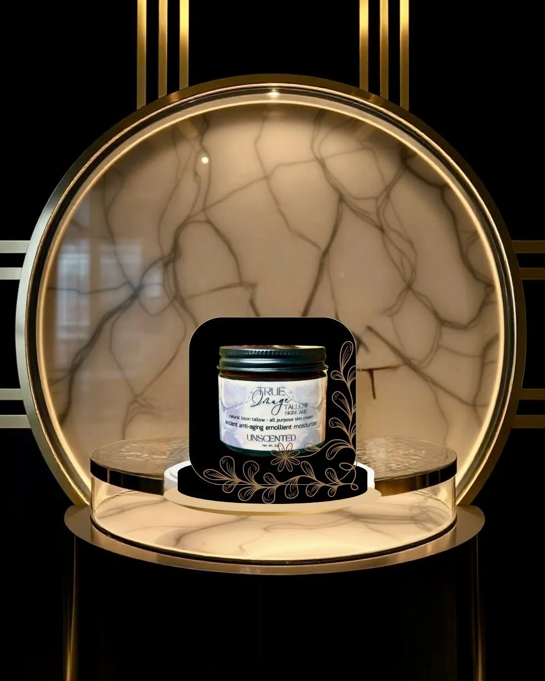 A jar of skincare cream displayed on a black and gold platform against a marble-patterned background with black and gold vertical stripes.
