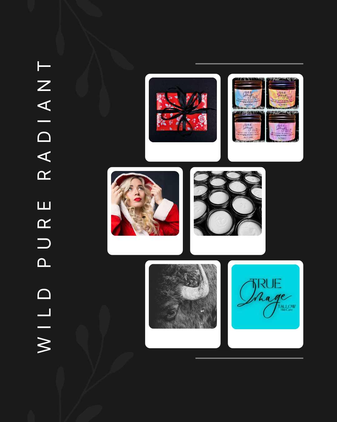 A collage of images with Christmas-themed items including a wrapped gift with a black bow, four jars of scented wax melts, a woman dressed as Santa, numerous candles, a rhinoceros, and an advertisement for True Image Tallow Soap. The caption reads "Would Pure Radiant" vertically on the left side.