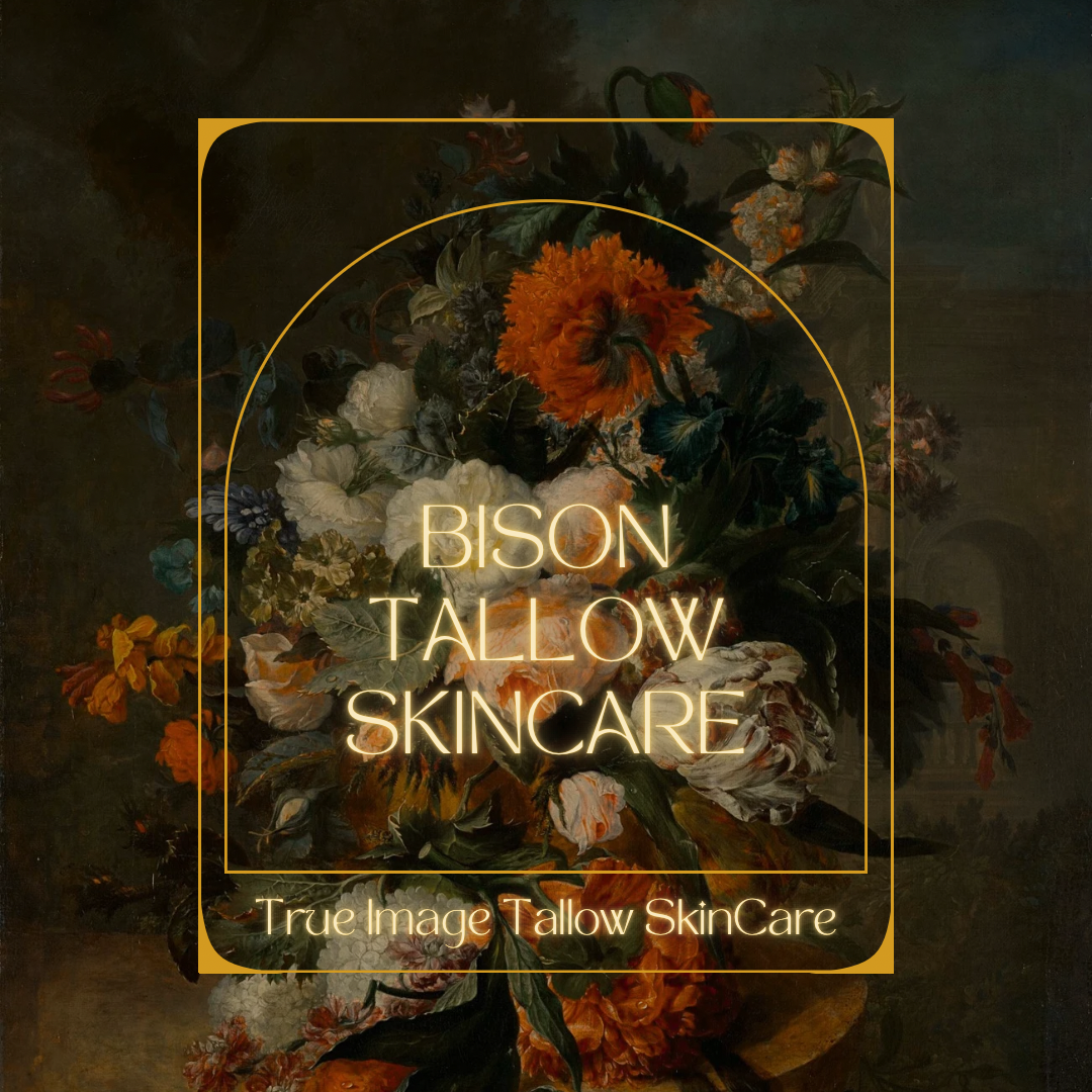 A dark floral painting with a glowing overlay of the text 'Bison Tallow Skincare' and the tagline 'True Image Tallow SkinCare'.