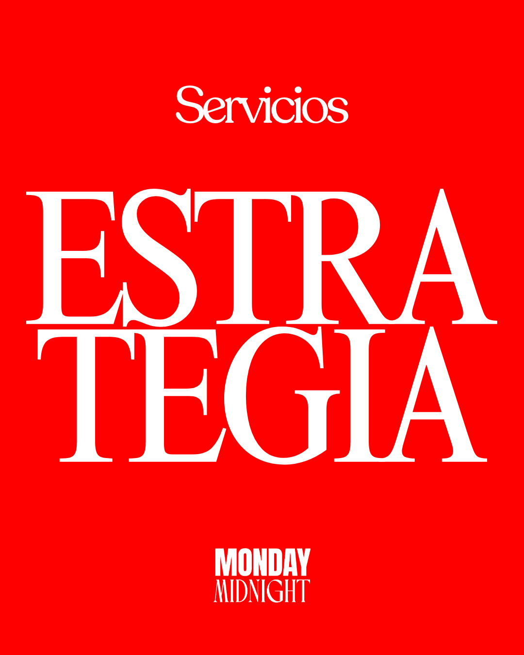 Cartel de servicios de ESTRETEGIA con fondo rojo, texto en blanco.