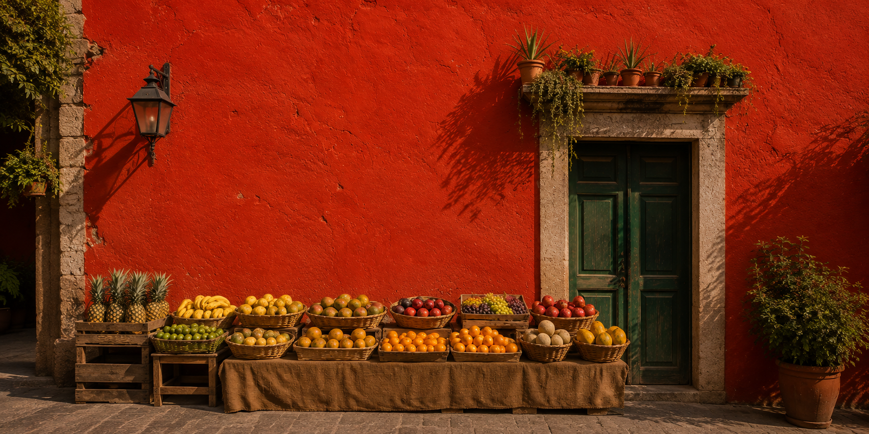 Puerta verde con marco de piedra, pared roja y puesto de fruta con piñas, plátanos, manzanas, uvas y melones en cestas de mimbre y madera, en una calle soleada.