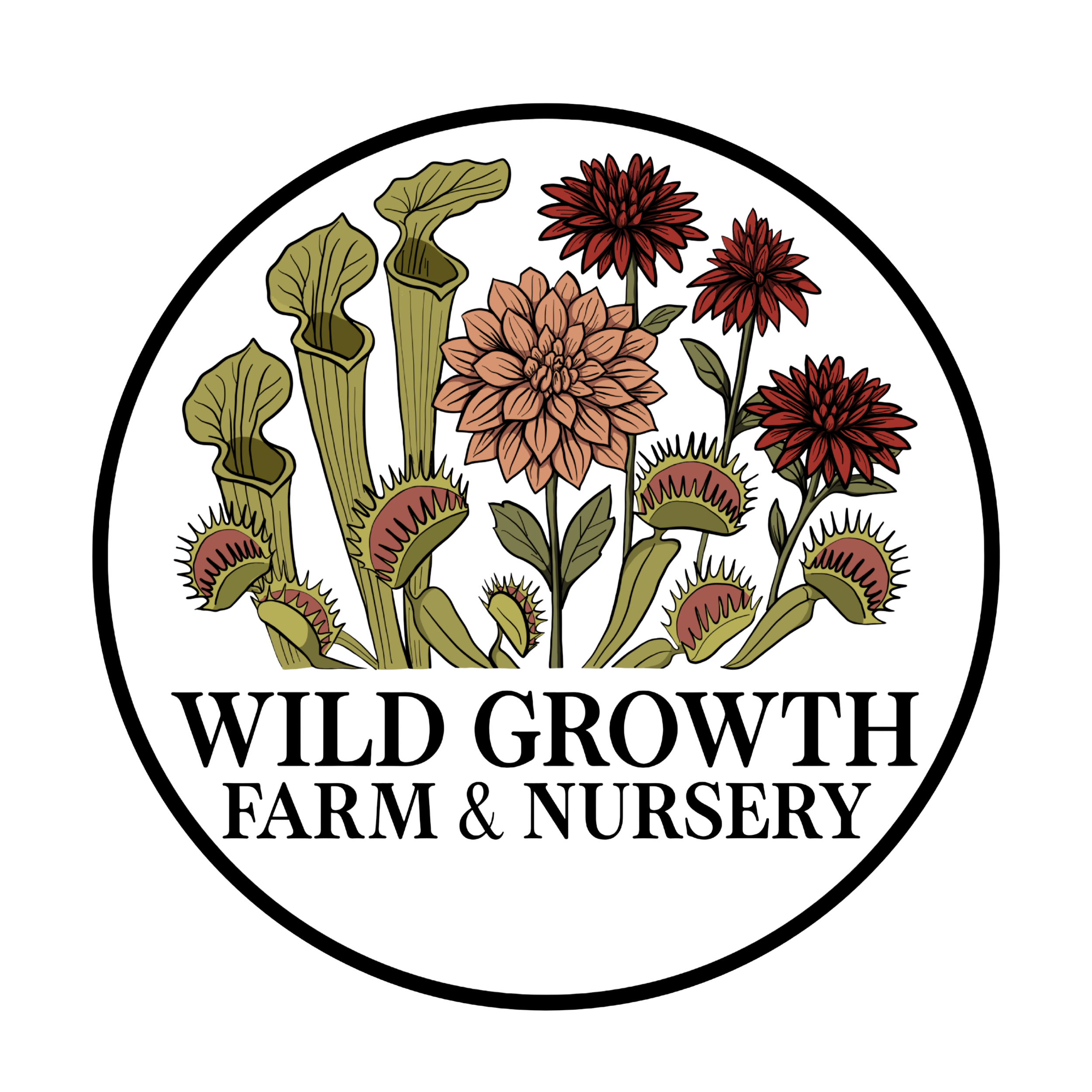Logo of Wild Grape Farm & Nursery with illustrated flowers, leaves, and a circular design.