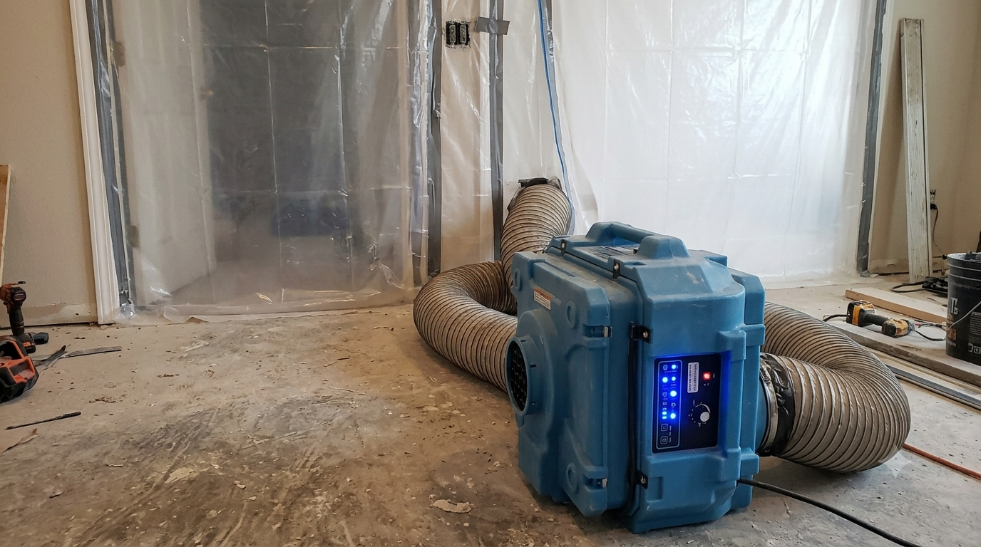 Commercial HEPA air scrubber scrubbing airborne pathogens during rodent infestation cleanup in Vernon