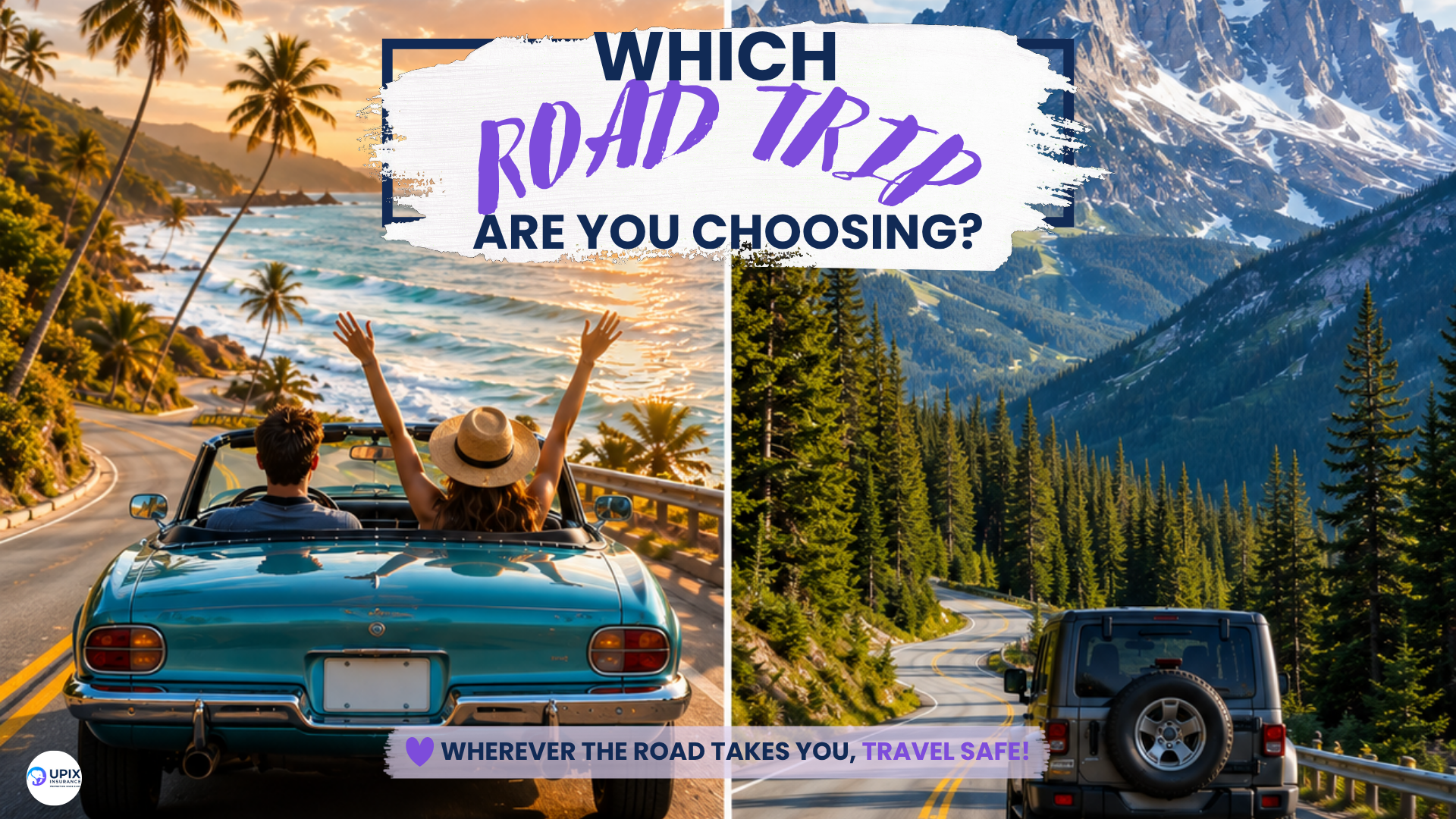 Split-image showing beach road trip and mountain road trip destinations representing summer travel and adventure planning