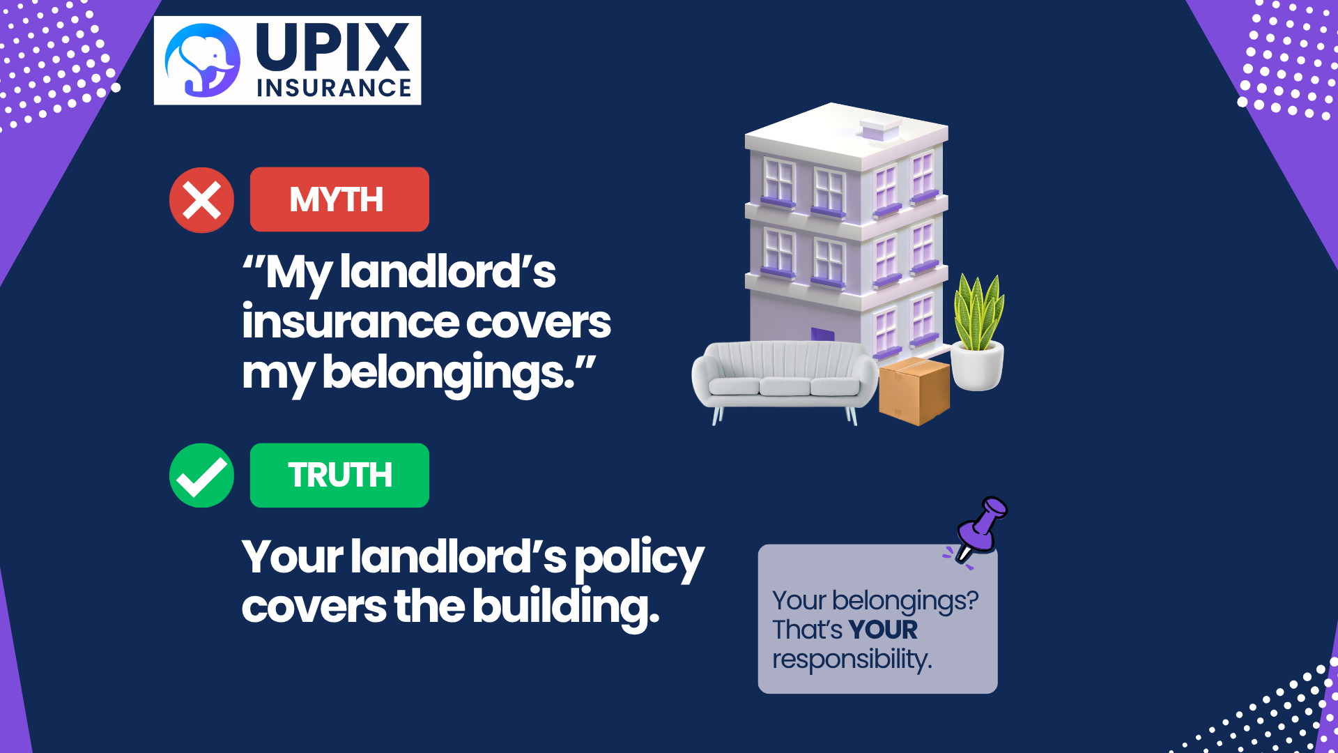 UPIX Insurance myth vs. truth graphic debunking the belief that a landlord's insurance covers renters' personal belongings
