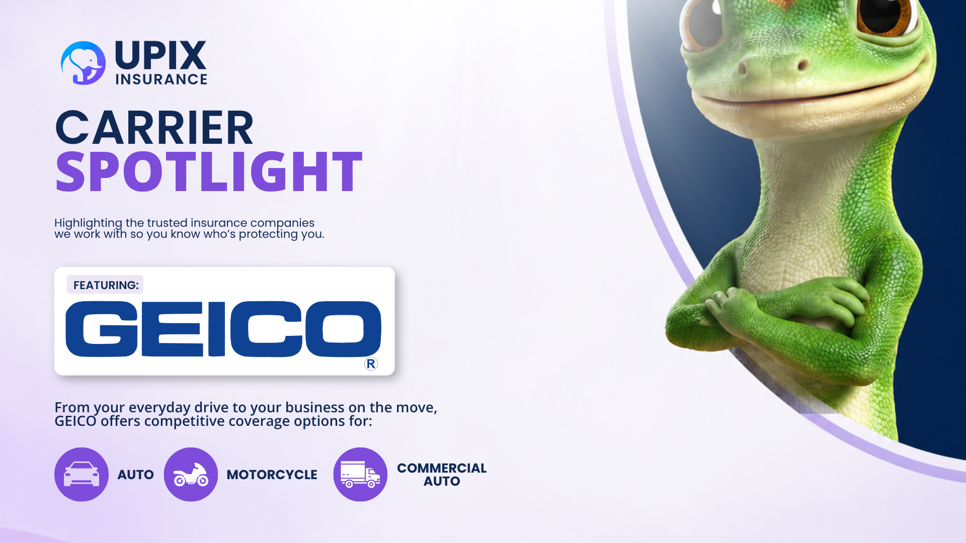 UPIX Insurance carrier spotlight graphic featuring GEICO with three product offerings: auto insurance, motorcycle insurance, and commercial auto insurance