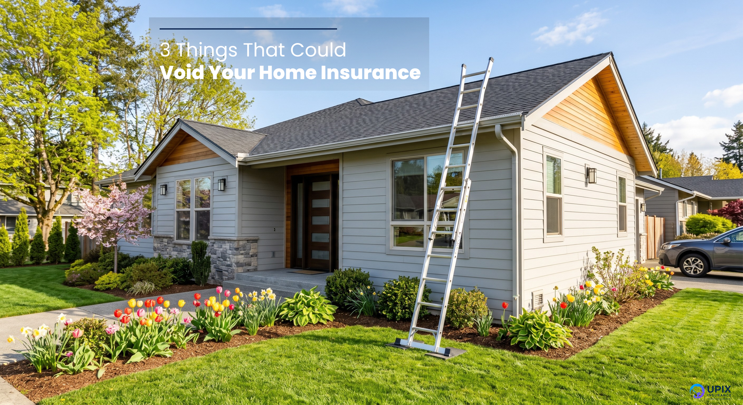 A homeowner cleaning gutters and inspecting a roof on a bright spring day in New Jersey, representing home insurance maintenance.